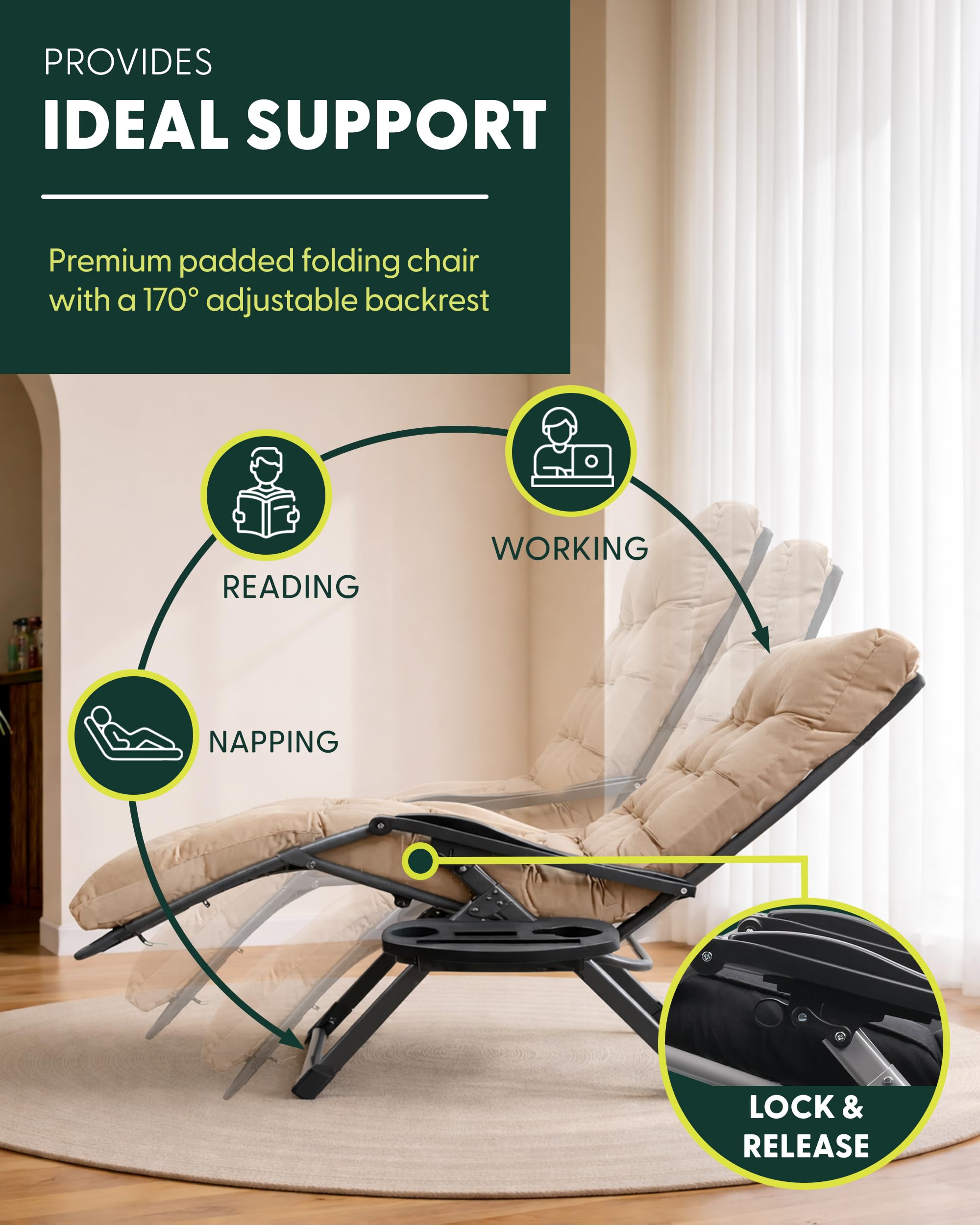 KEPLIN Square Tube Gravity Chair with Cushion 1 Pack – Extra Wide 72cm Zero Gravity Reclining Garden Chair, Reinforced Frame Supports 150kg, Locking System, Cup Holder, Foldable Sun Lounger — view 4