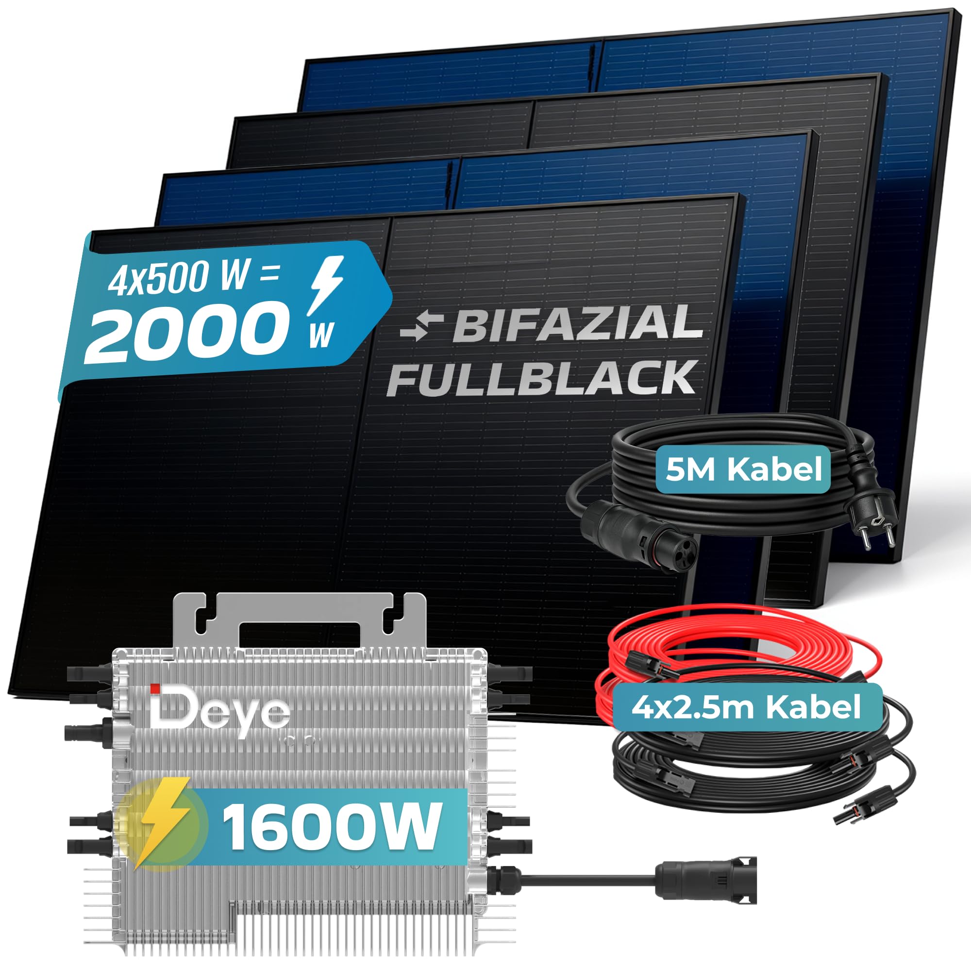 SUNNIVA® 2000W Balkonkraftwerk BIFAZIAL FULLBLACK komplett Steckdose DEYE 1600W Wechselrichter, PV Solaranlage, 4x 500W Glas Solarmodule, inkl. 5m Kabel, Bluetooth WIFI, Komplettset