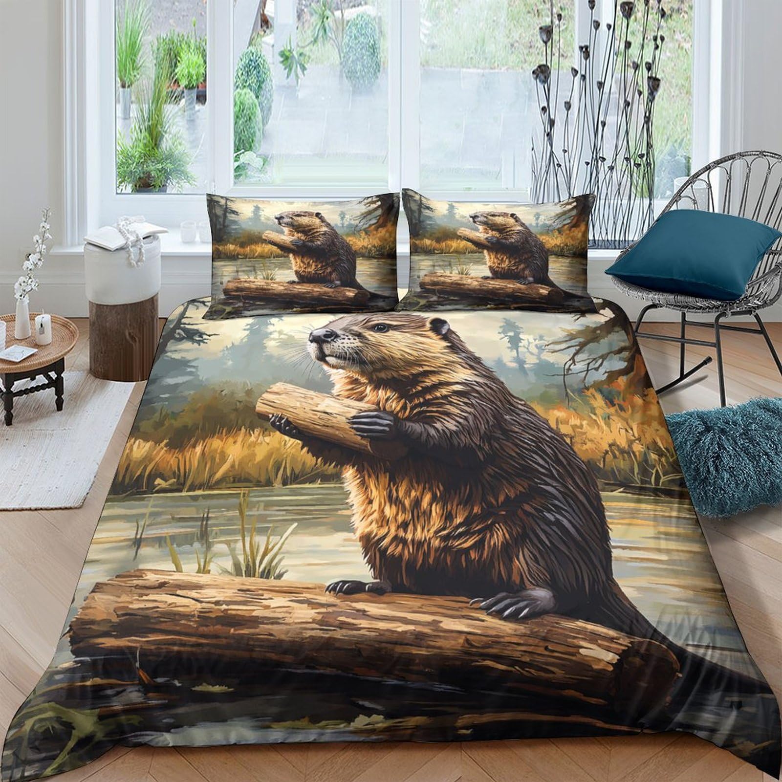 Ctjqhvkz Style-3 3D Printed Beaver Wildlife Fitted Sheet Microfiber Soft Breathable Forest River Bed Cover For Bedroom Guest Room Decor Single（135X200cm）