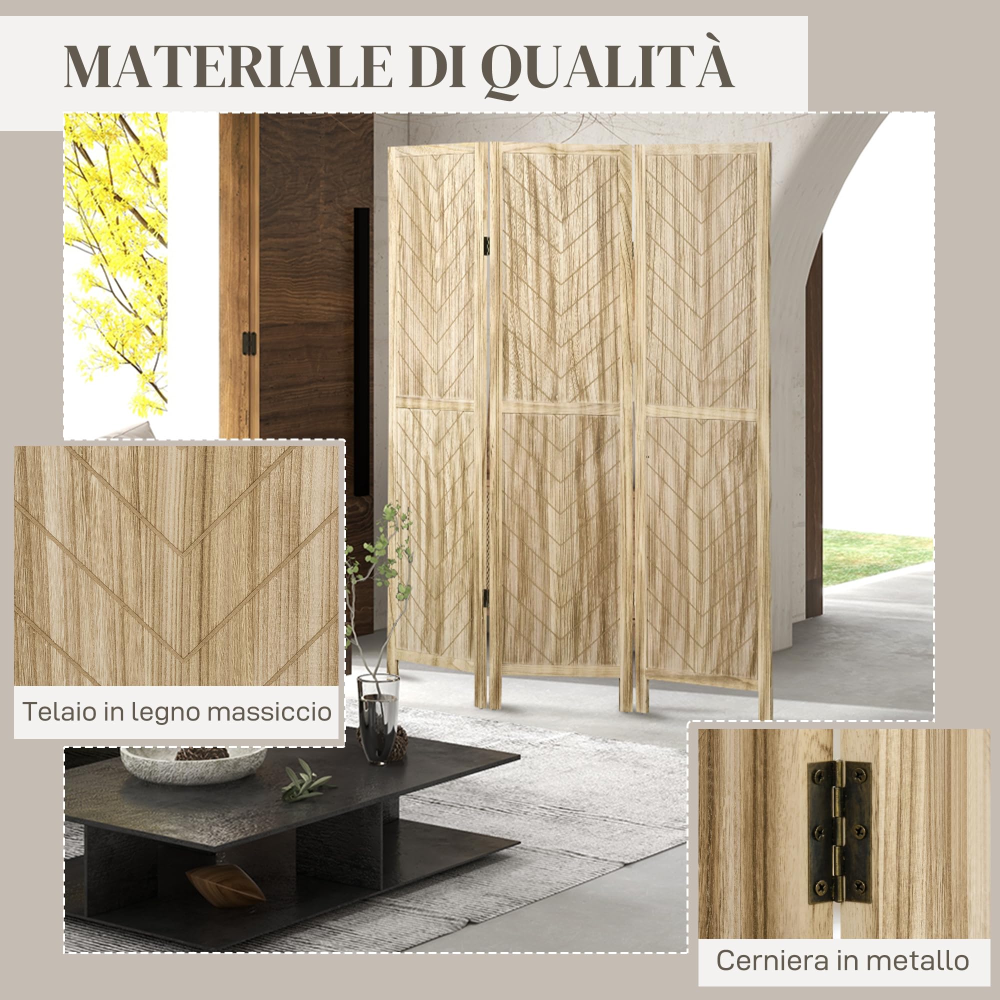 HOMCOM Paravento da Interno 3 Pannelli Pieghevole 120x170 cm Color Legno | a Spina di Pesce, Separé Divisorio Interno, in Legno