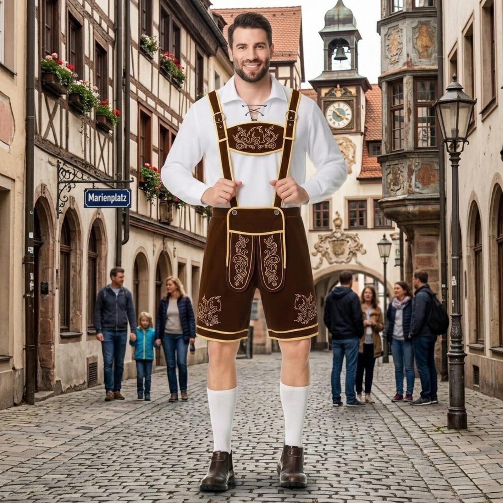 Lederhose Herren Kurz Braun,Lederhosen Mit TräGern LäSsig Schlicht Trachtenhose Print Mit Weiß Hemd Trachten Hose Elegant Und Bequem Trachtenlederhose FüR Oktoberfest Bayerisches Bierfest