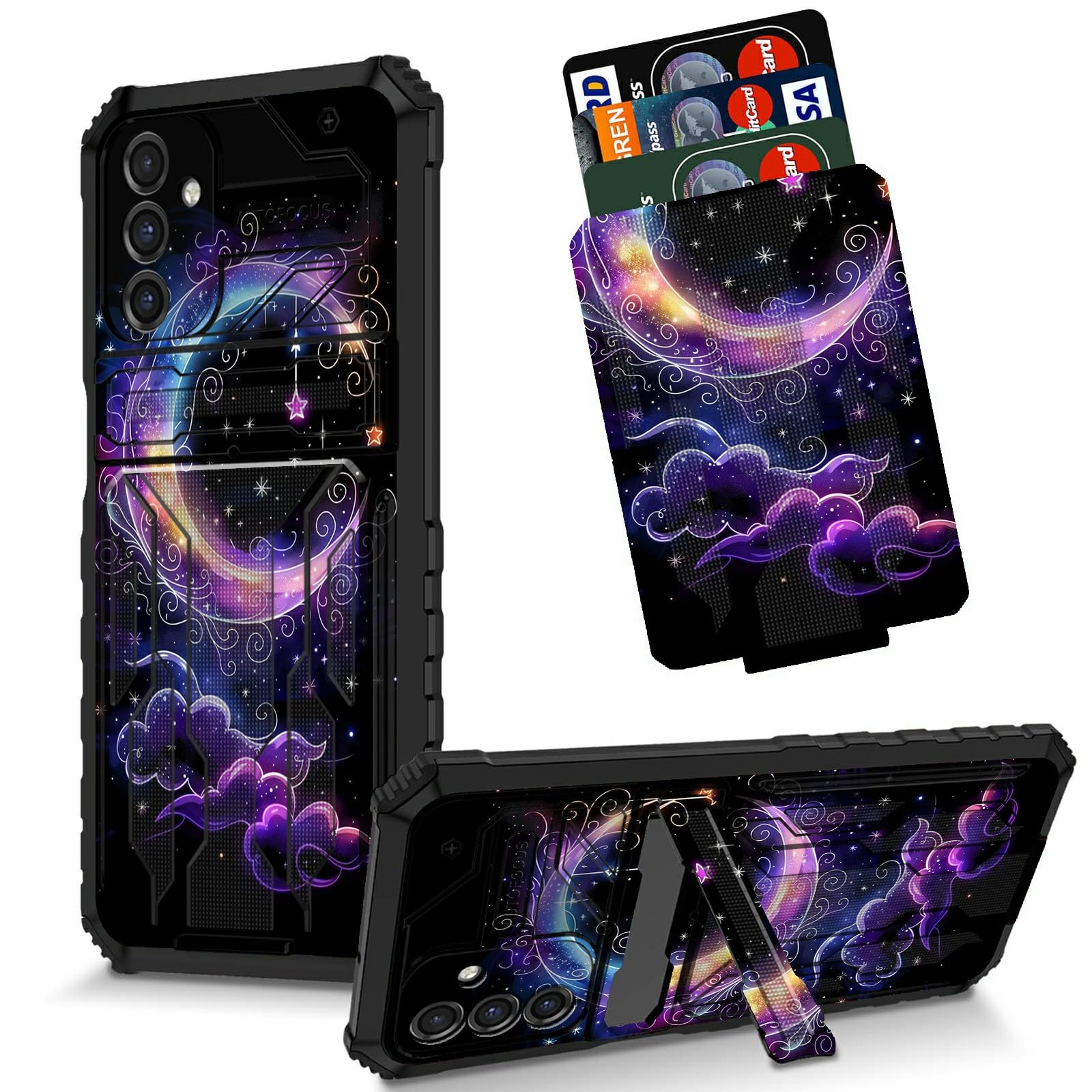 Dikoer Purple Moon for Samsung Galaxy S23 Plus Kickstand Case, Dual Layer Hard PC Soft TPU Wallet Cover with Card Holder Rugged Shockproof Protection