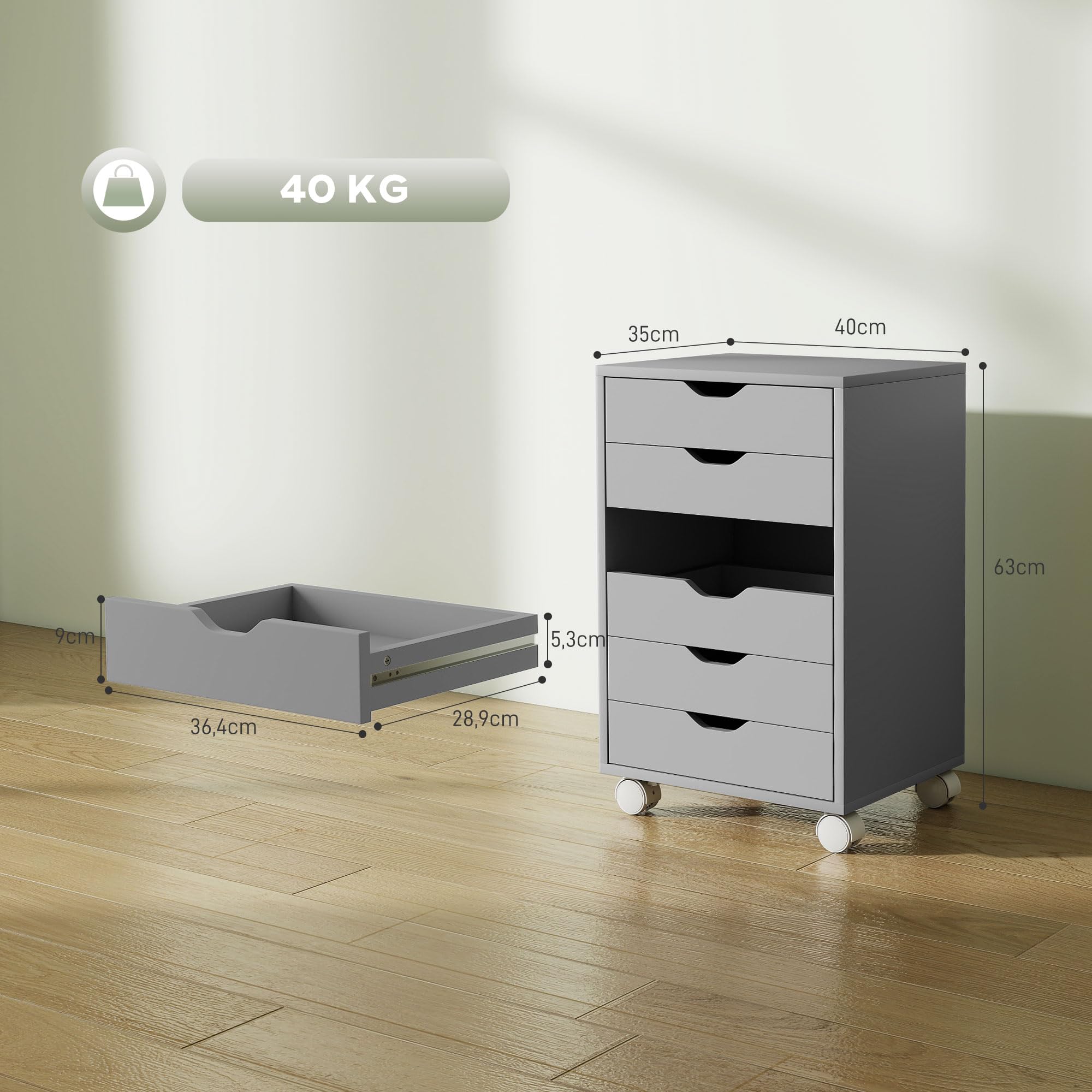 HOMCOM Classeur de Bureau Mobile 6 tiroirs Gris