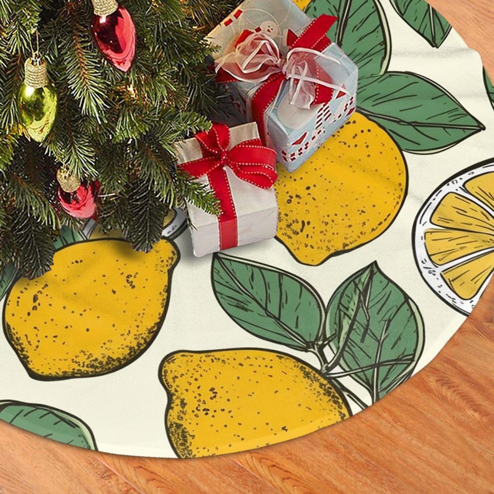 Fodpand Black Lemon Fruit Pattern Christmas Tree Skirt 30" Velvet Xmas Tree Skirt Mat Rustic Christmas Tree Mat Cover Winter Xmas Tree Collar For Indoor Outdoor Christmas Decorations