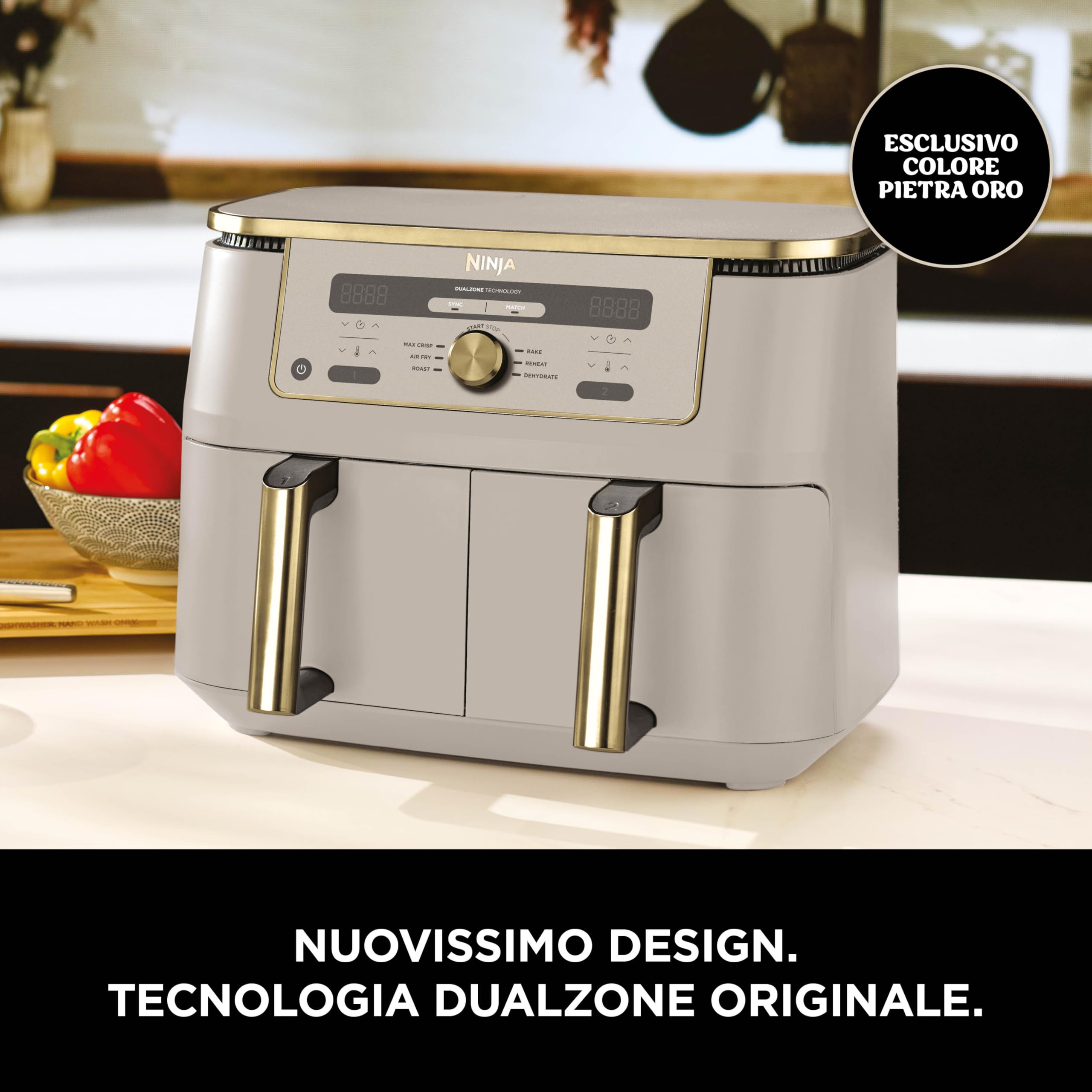 Ninja MAX Doppia Zona, Friggitrice ad aria digitale senza olio con doppio cestello, 6 in 1, 9,5 L, cestelli lavabili in lavastoviglie, antiaderenti, Pietra Oro, DZ400EUSTGD