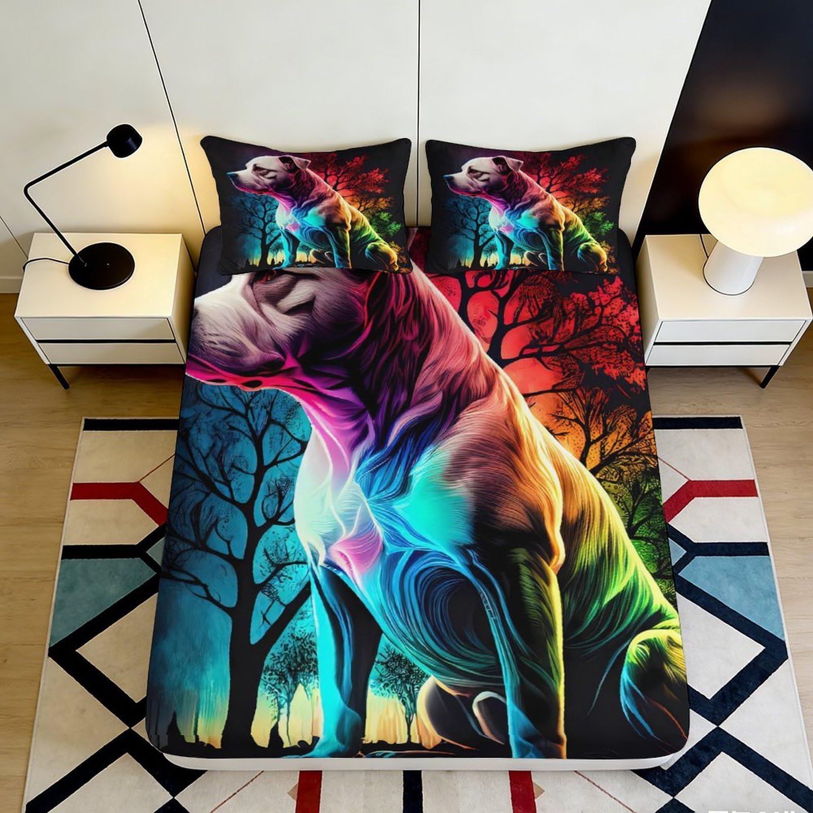Uynsixtme Style-3 3D Printed Colorful Dog Fitted Sheet Microfiber Deep Pocket Non-Slip For Bedroom Bedding Colorful Dog Mattress Fitted Cover 200X200x25cm