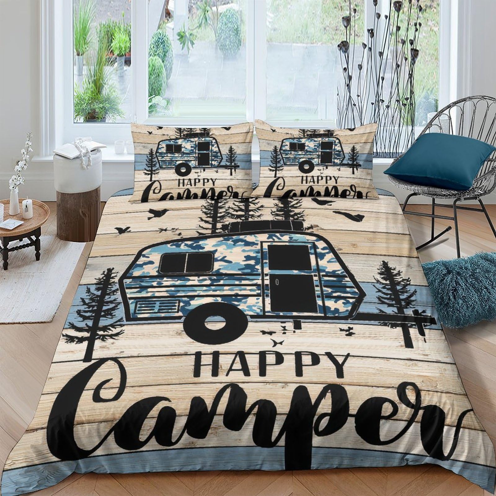 GPLZQXKJNH 3D Printed Camper Caravan Duvet Cover Set Microfiber Soft Breathable Forest Scenery Bedding with 2 Pillowcases for Bedroom Home Decor Single（135x200cm）
