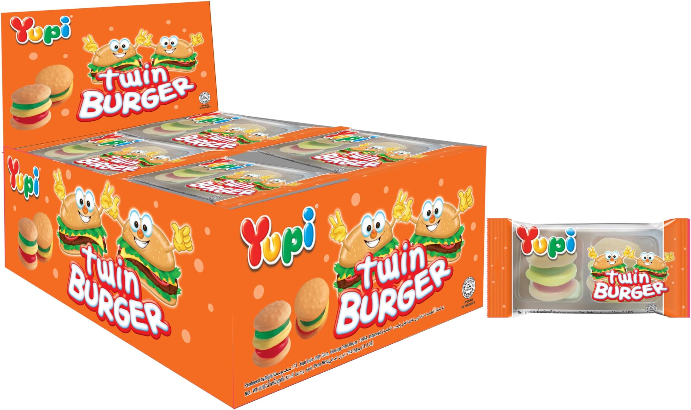 Yupi Twin Burger Shaped Gummy Candies, 15g, 24 Individually Wrapped Packs, Fun & Delicious Chewy Treats, Fruity Flavors for Kids & Adults