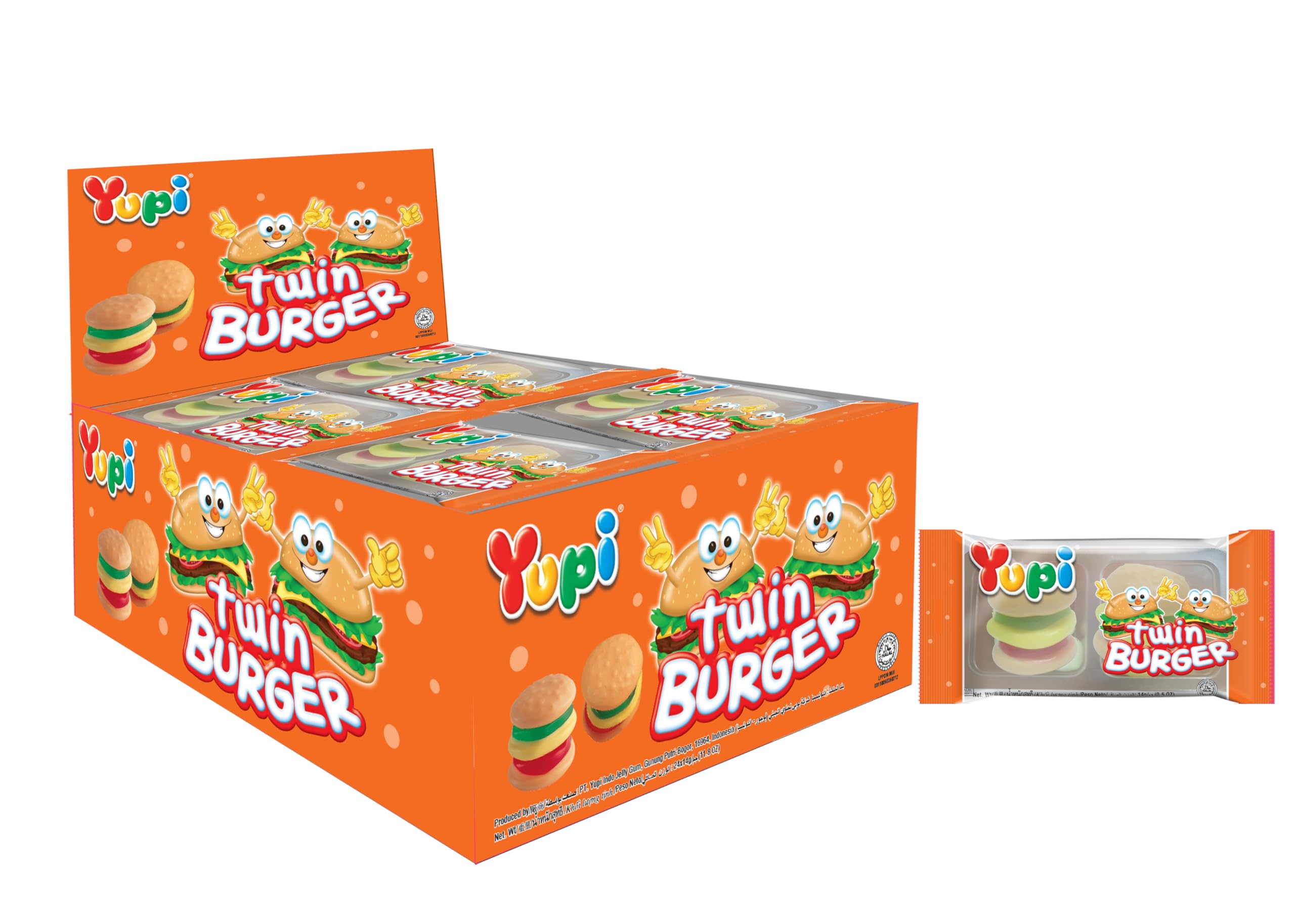 Twin Burger Shaped Gummy Candies, 15g, 24 Individually Wrapped Packs, Fun & Delicious Chewy Treats, Fruity Flavors for Kids & Adults