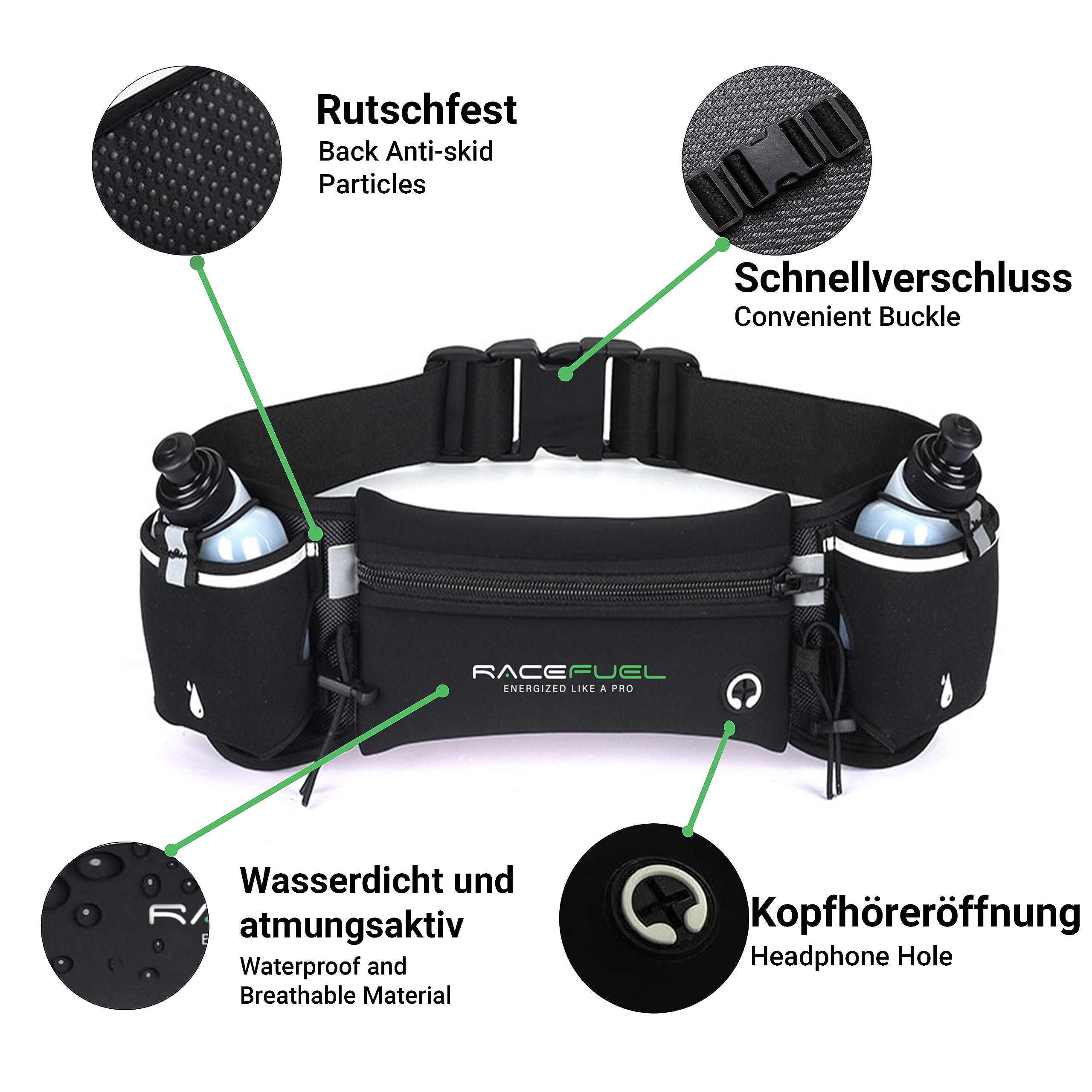 RACEFUEL Laufgürtel Trinkgürtel Gürteltasche Inclusive 2X 200ml Trinkflaschen, wasserdicht, mit Fach für Handy, ideal für Triathlon, Laufen, Fahrradfahren (schwarz)
