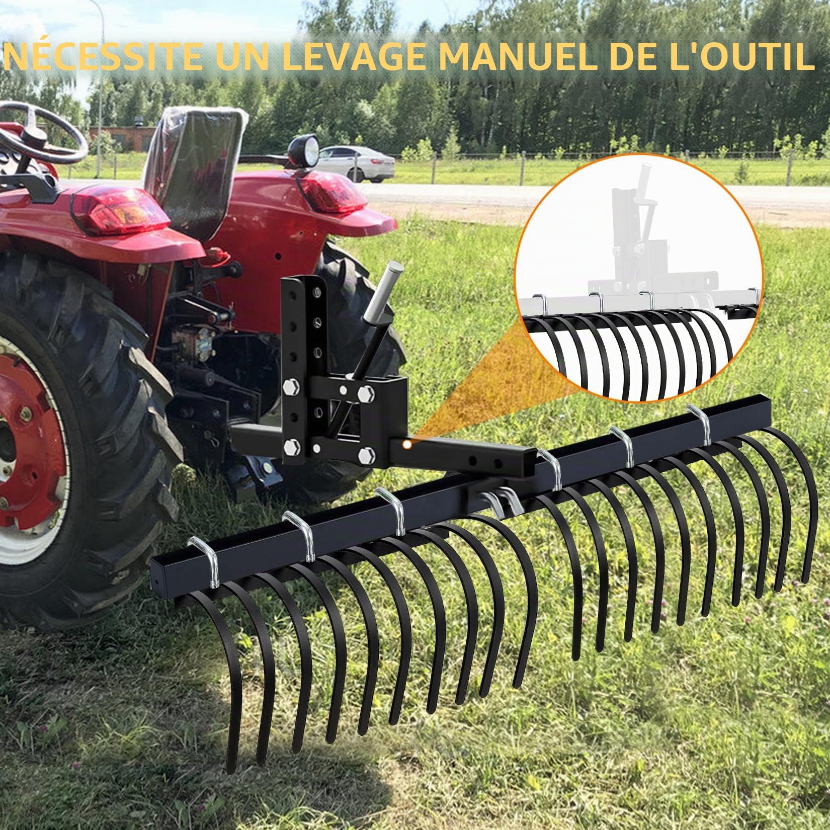 Garvee Râteau paysager Robuste 60" pour Tracteur/ATV/UTV – 20 Dents Amovibles – Élimine Pierres, débris, Herbe et Paille – Outil agricole pour préparation et Entretien du Sol – Acier revêtu