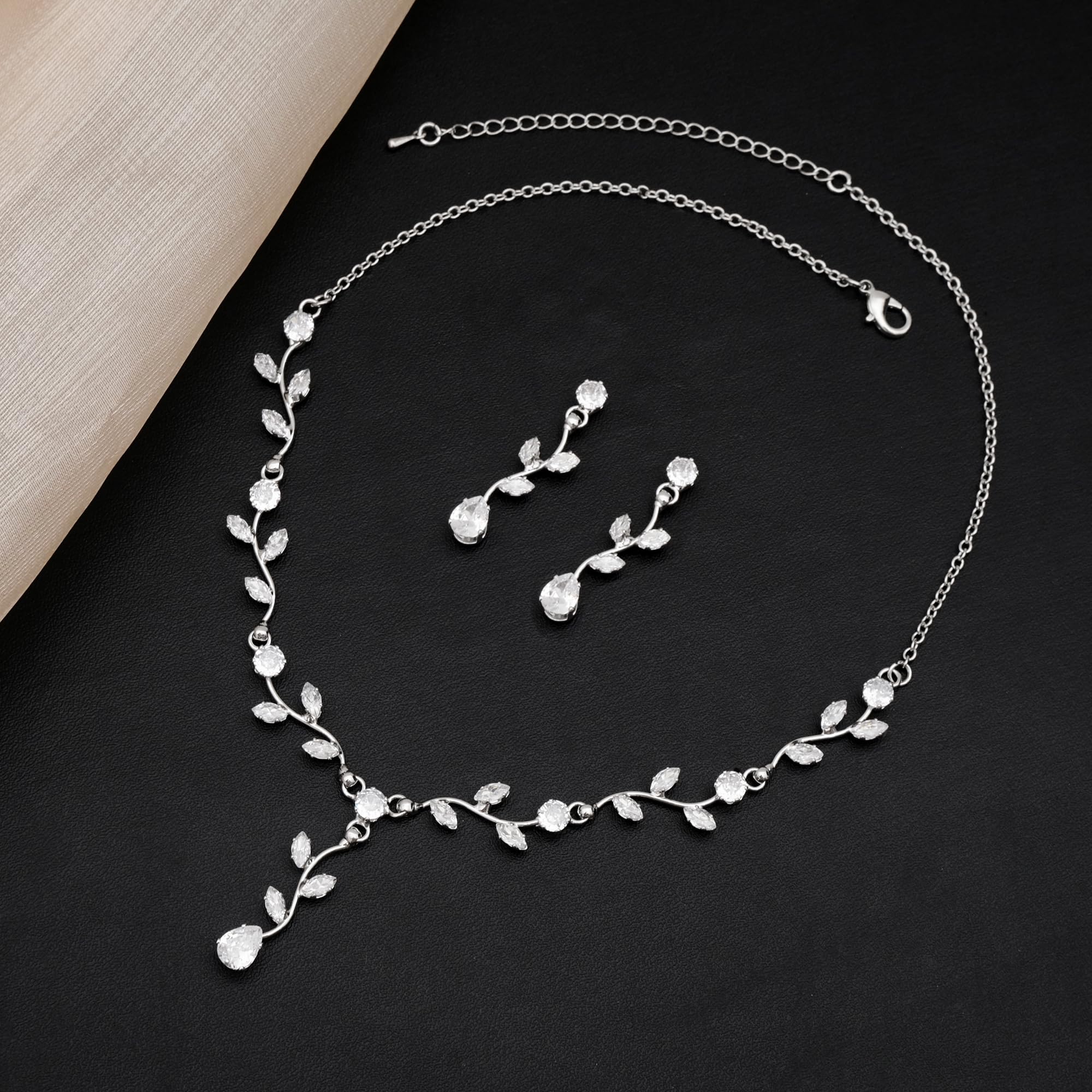 Elegant Bridal Jewelry Sets for Wedding Bride Leaf Shape Cubic Zirconia Necklace Earrings Bracelet Set Prom Costume Accessories