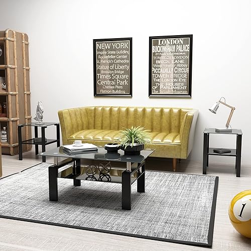 Miniatura 4 de Juego de 3 mesas de centro de cristal negro, juego de 3 piezas, mesa de centro de cristal negro y juegos de mesa auxiliar, patas de metal, vidrio