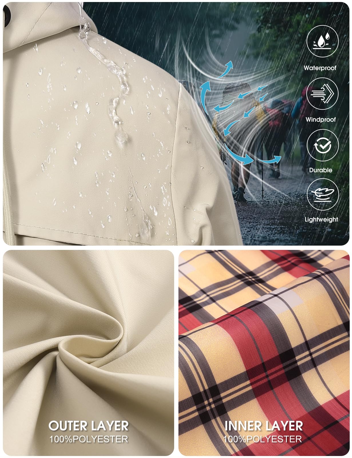 Tuopuda Chubasquero Mujer Impermeable Largo Chaqueta Ligera Parkas Cortaviento con Capucha Cremallera Softshelljakce Primavera Otoño Raincoat Abrigo para Exteriores Cercanías