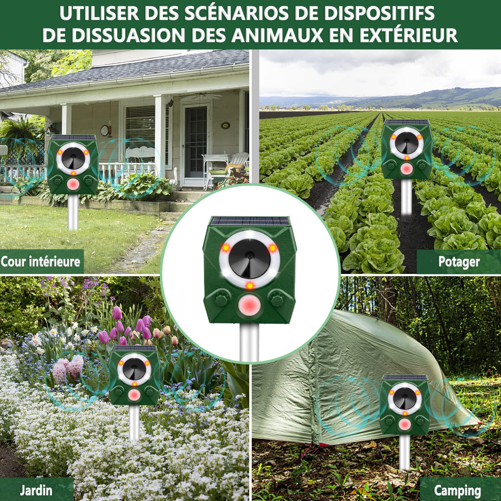Répulsif Animaux Solaire, Repulsif Chat Exterieur, Ultrason Oiseau, Répulsif Souris, Ultrason Charge Solaire, Chargement USB, Jardin pour Cours, Fermes, Champs (Vert)