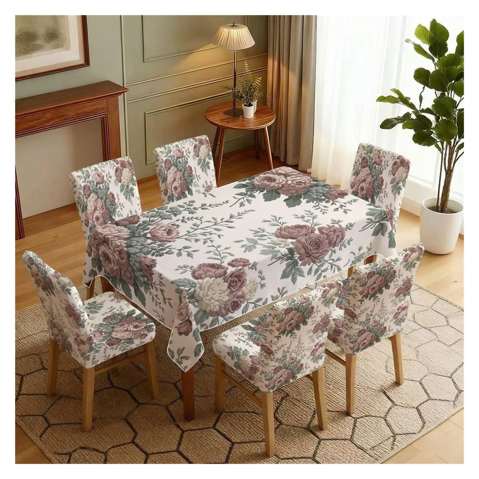 BOSUYBN Vintage Muted Rose Floral Dining Tablecloth & Chair Covers Set, 5/7 Piece Elegant Old Garden Flower Home Decor Table Setting(7pcs Set: Tablecloth+Chair Covers)