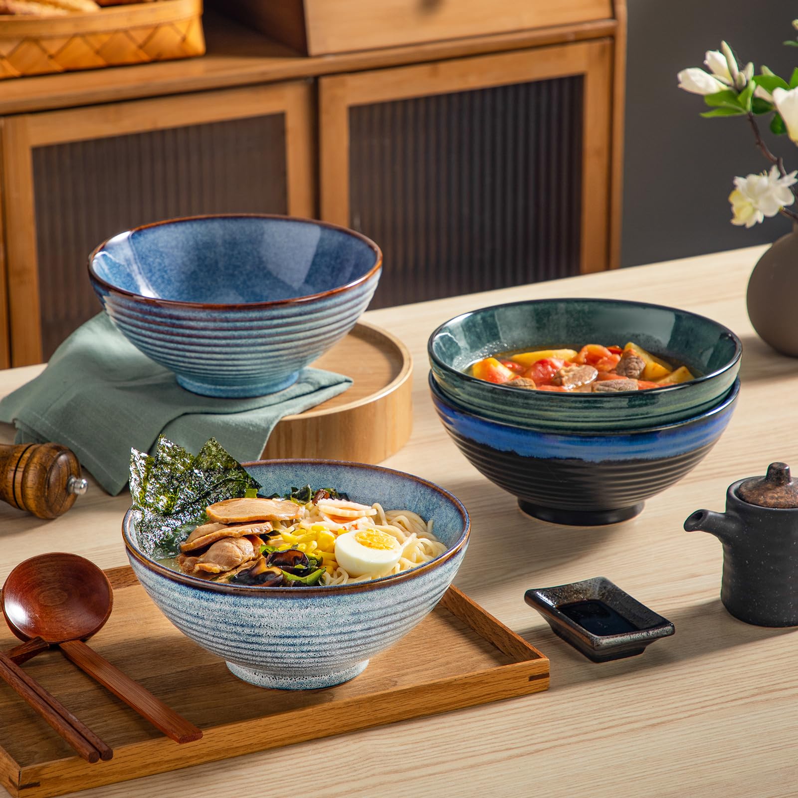 vancasso Bol Ramen Céramique 2 x 1350ml, Baguettes & Cuillères, Bleu Clair