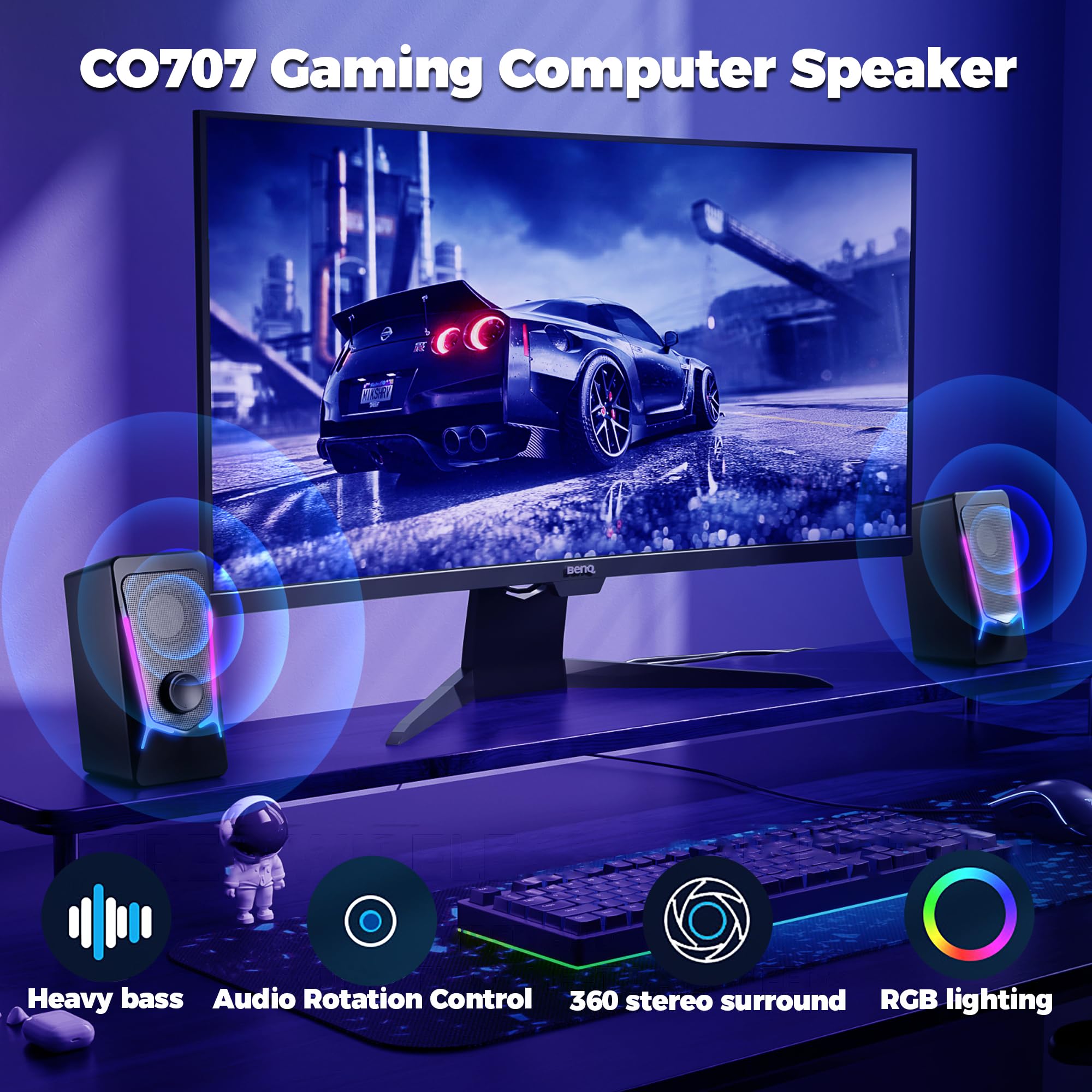 Altavoces de computadora, altavoces de PC para juegos con control mejorado de graves y volumen, estéreo 2.0 alimentado por USB de 0.138 in Aux multimedia altavoces para 2