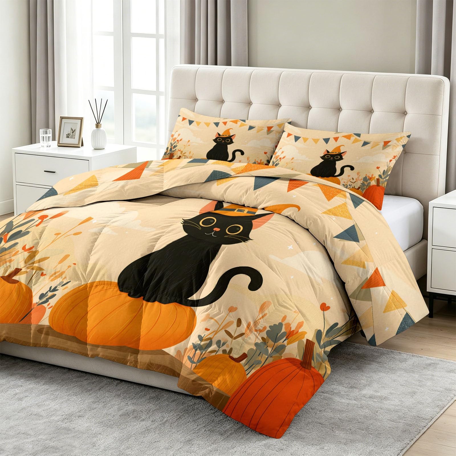 Kołdra z nadrukiem 220 x 240 cm Cartoon Halloween Cat Dynia Kołdra bez poszwy na 4 pory roku, miękka i oddychająca kołdra z mikrofibry dla dzieci Dorośli Dekoracja pokoju, kremowa