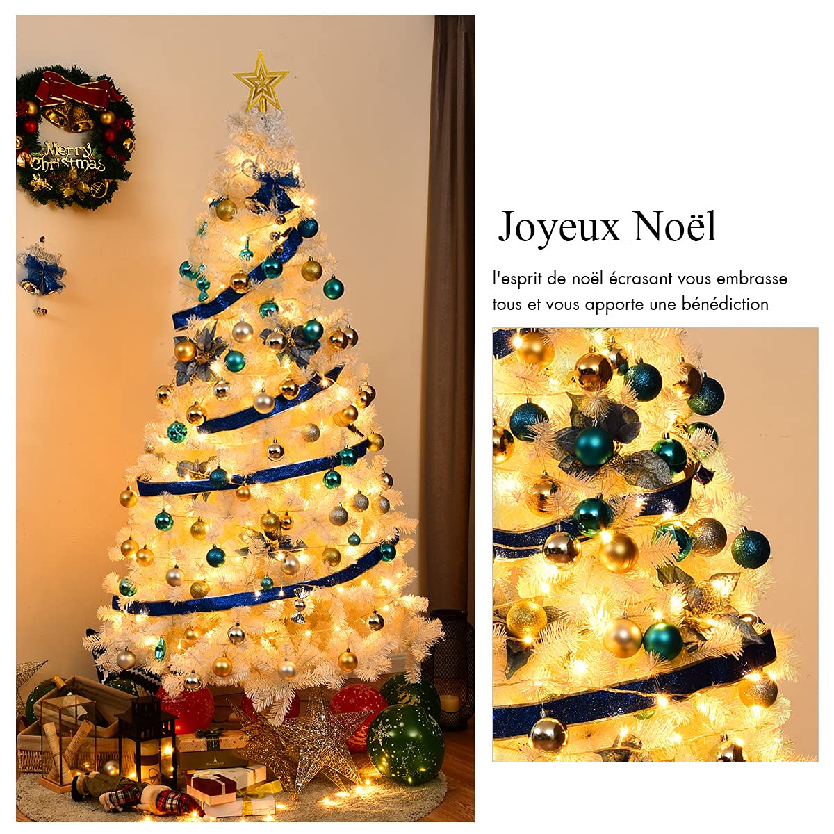 RELAX4LIFE Sapin de Noël Blanc 210 CM, Sapin Noel Artificiel en PVC avec Support en Métal, Arbre de Noël pour Décoration Maison/Bureau/Magasin (Blanc, 210 CM)