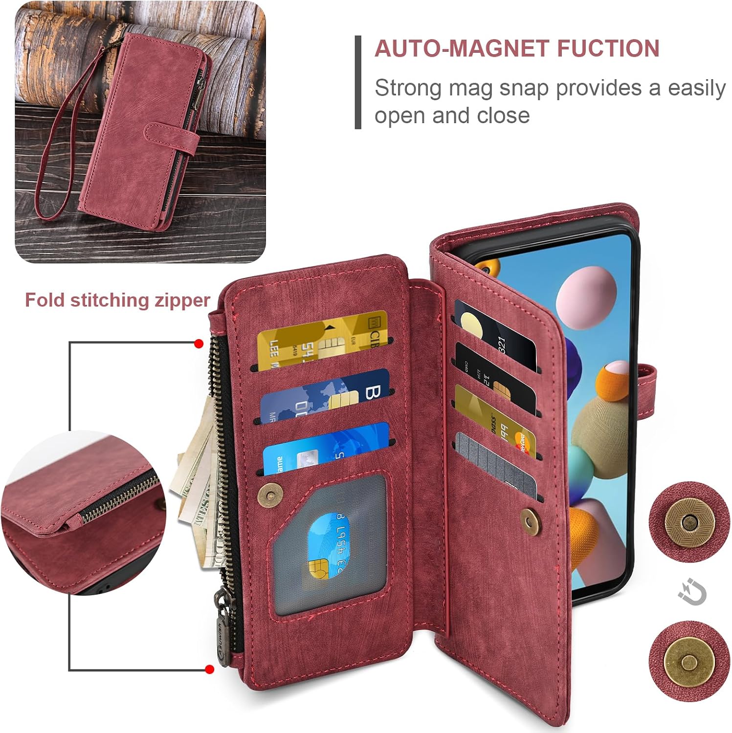 Asuwish Phone Case for Samsung Galaxy A21S Wallet Cover and Tempered Glass Screen Protector Leather Flip Credit Card Holder Stand Lanyard Wrist Strap Rugged Slot Cell Accessories A 21S Women Men Red