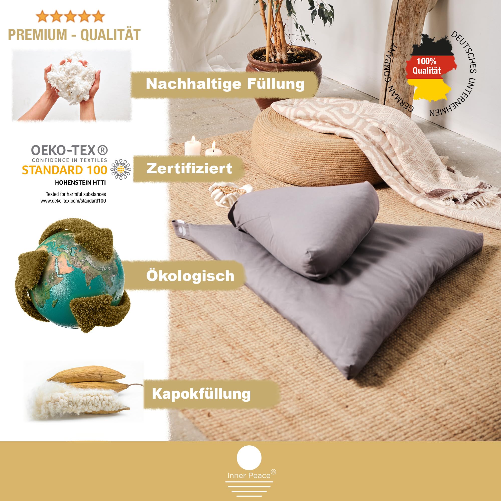 Inner Peace Dreieck Zabuton Meditationsmatte |100% Bio Baumwolle | Nachhaltig & Ergonomisch |Waschbarer Bezug| Unterlage für Meditationskissen | Zen Matte für Yoga & Meditation |Öko-Text Standard 100 | Nachhaltig & ergonomisch, waschbarer Bezug, Unterlage
