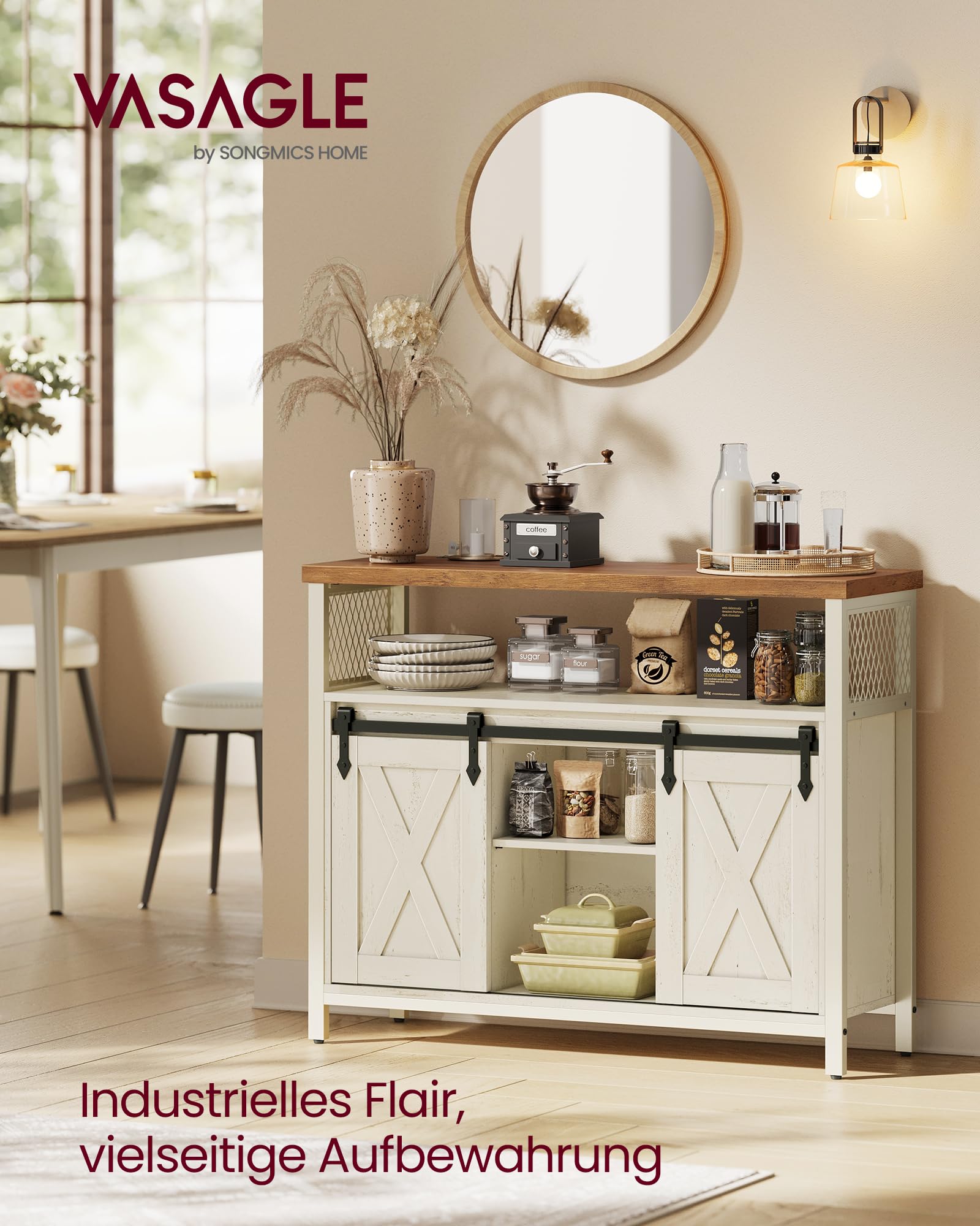 VASAGLE Sideboard, Küchenschrank, Aufbewahrungsschrank, mit 2 Schiebetüren, 33 x 100 x 80 cm, verstellbare Ablagen, für Wohnzimmer, wolkenweiß-honigbraun LSC092W01