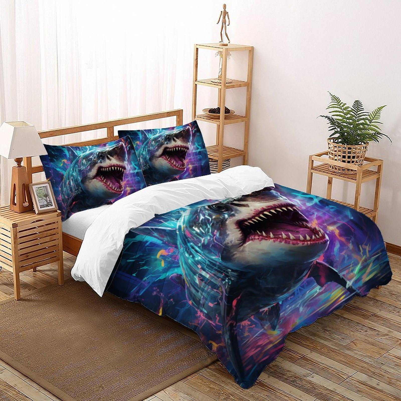 Housse de couette requin 3D Super King 260x220cm avec 2 taies d'oreiller