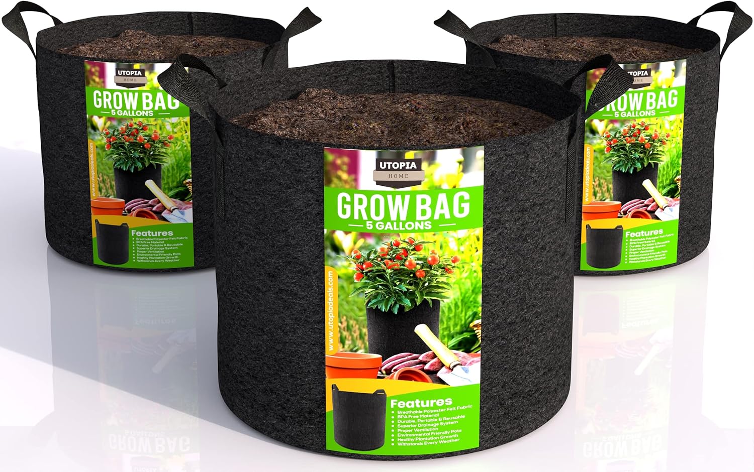 Utopia Home 3Pack 5 Gallon Fabric Grow Bags, Heavy Duty