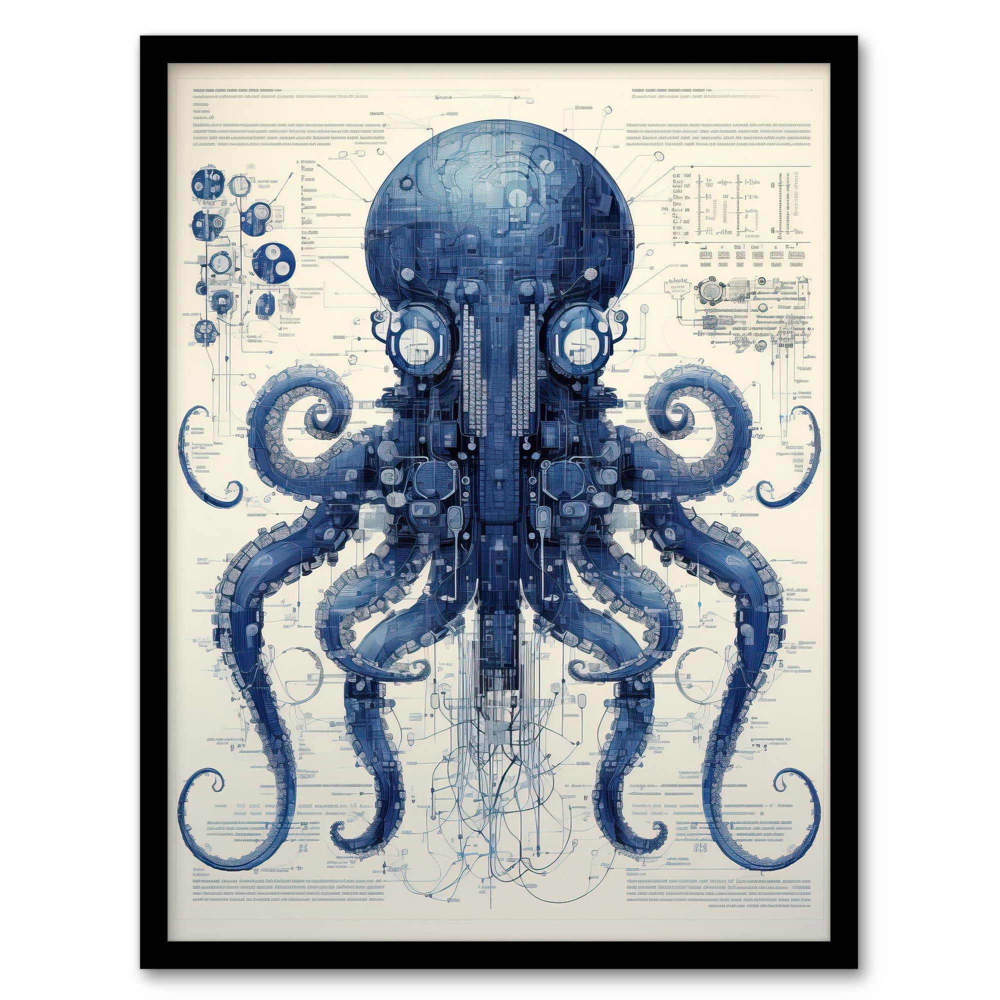 Artery8 Octopus Robot Hybrid Schematic Blueprint Futuristic Secret Complex Arcane Manuscript Gift For Him Man Cave Artwork Framed Wall Art Print 18X24 Inch