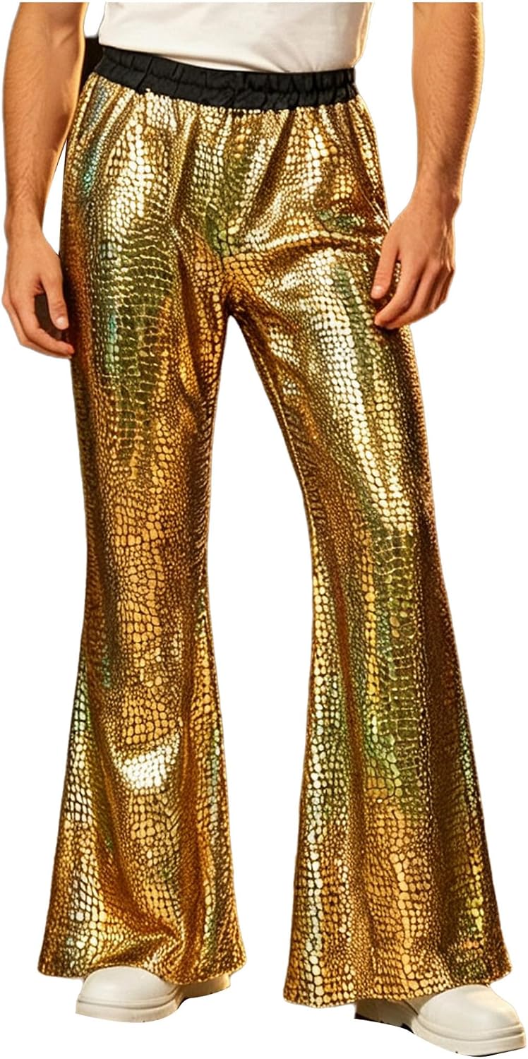 Sywiyi 70s Disco Pants Mens Bell Bottom Metallic Pants Vintage Trousers
