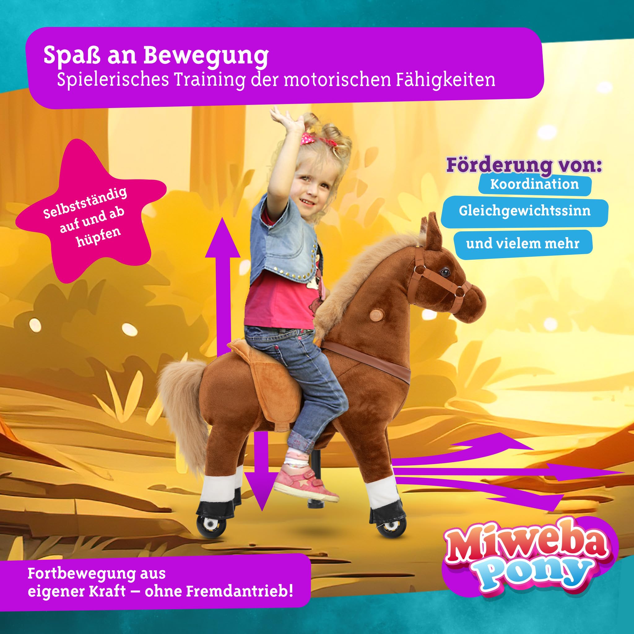 Miweba Pony Amadeus | Reitpferd auf Rollen - Pferd für Kinder - Schaukelpferd - Schaukeltier - Kuscheltier - Spielpferd zum Reiten - Plüschtier - Stofftier - Stehpferd - 3-5 Jahre (Small)