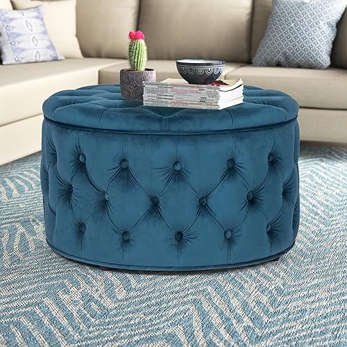 Miniatura 64 de Joveco Otomana redonda de almacenamiento, otomana tapizada con botones y parte superior extraíble, banco de almacenamiento, mesa auxiliar, Negro,