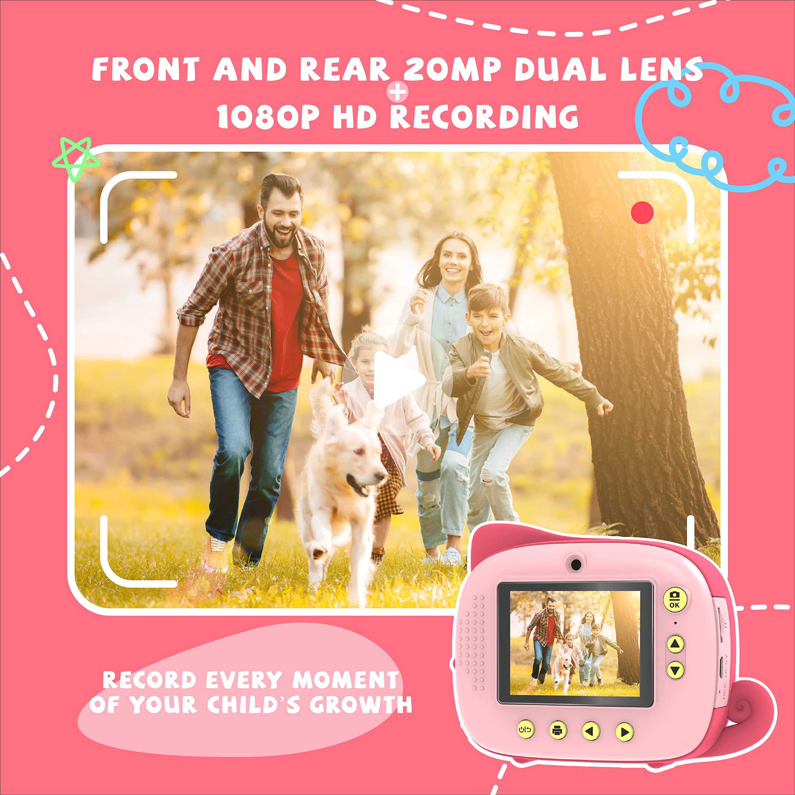 TIATUA kinderkamera sofortbildkamera, Digitalkamera Videokamera mit 20MP Dual-Linse & 32GB Karte, ohne Tinte Sofortkamera für Mädchen Jungen 3-12 Jahren, Fotopapier & lustigem Zubehör inklusive