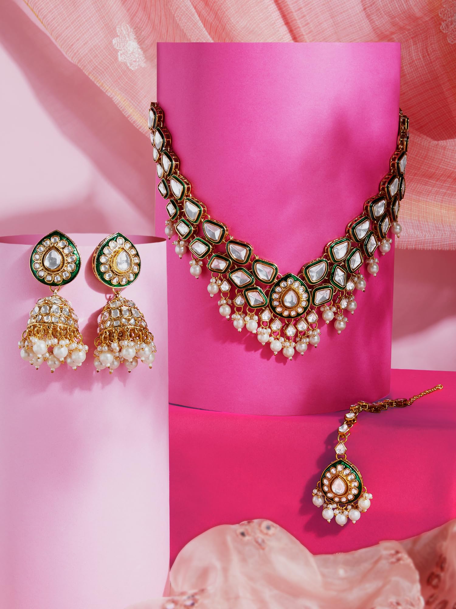 ZAVERI PEARLS Green Meenakari Dazzling Stones Beads Bridal Necklace Earring & Maangtikka Set For Women-ZPFK18886 1
