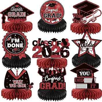 9PCS Graduation Table Decorations Red and Black CLASS OF 2026 Table Centerpiece Congratulate Graduation Table Toppers Graduation Decorations Party Supplies