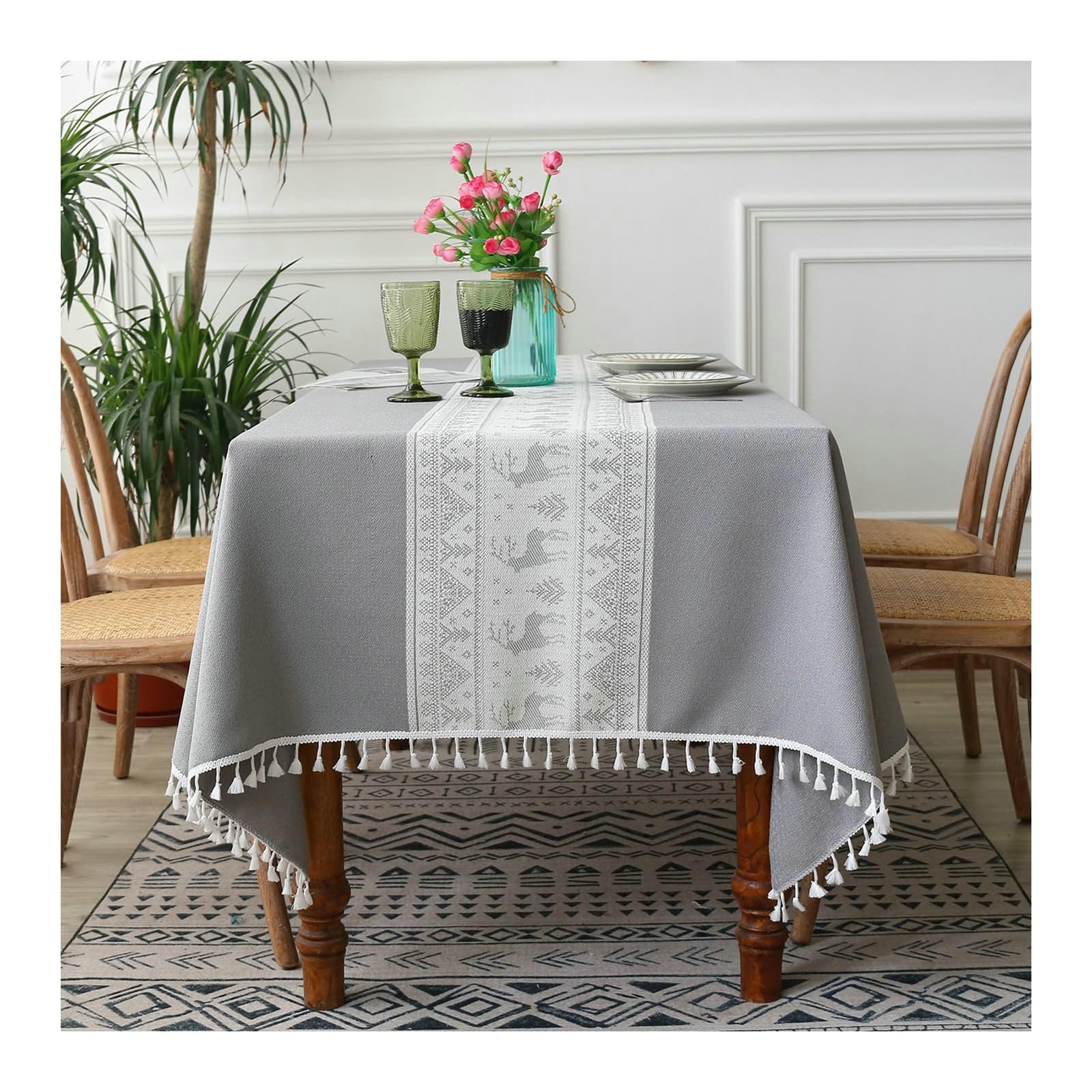 Gualiy Mantel de Mesa Poliester, Manteles Tela 140x200CM Manteles Antimanchas Lavable Alce Navideño con Borlas Mantel para Mesas de Sala, Gris
