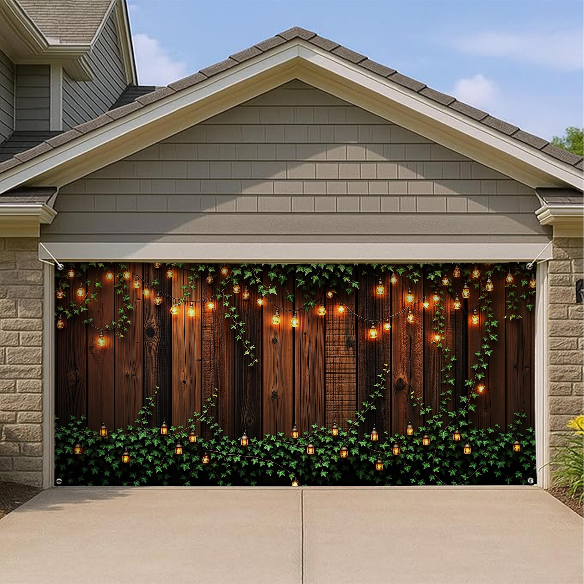 Couverture de porte de garage en bois rustique pour cacher une façade usée avec élégance
