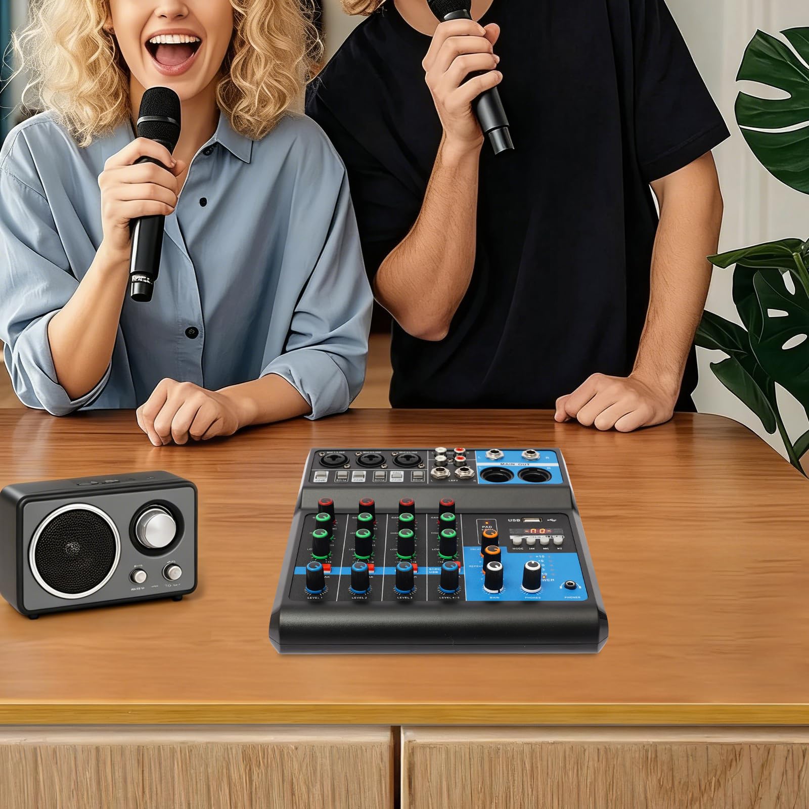 Mezclador Audio,Consola de mezcla de 5 canales,Mezclador bluetooth,Ranura USB,48V Phantom Power Control de sonido Multi Entradas,Para Podcasting,Live Performance Recording,DJ