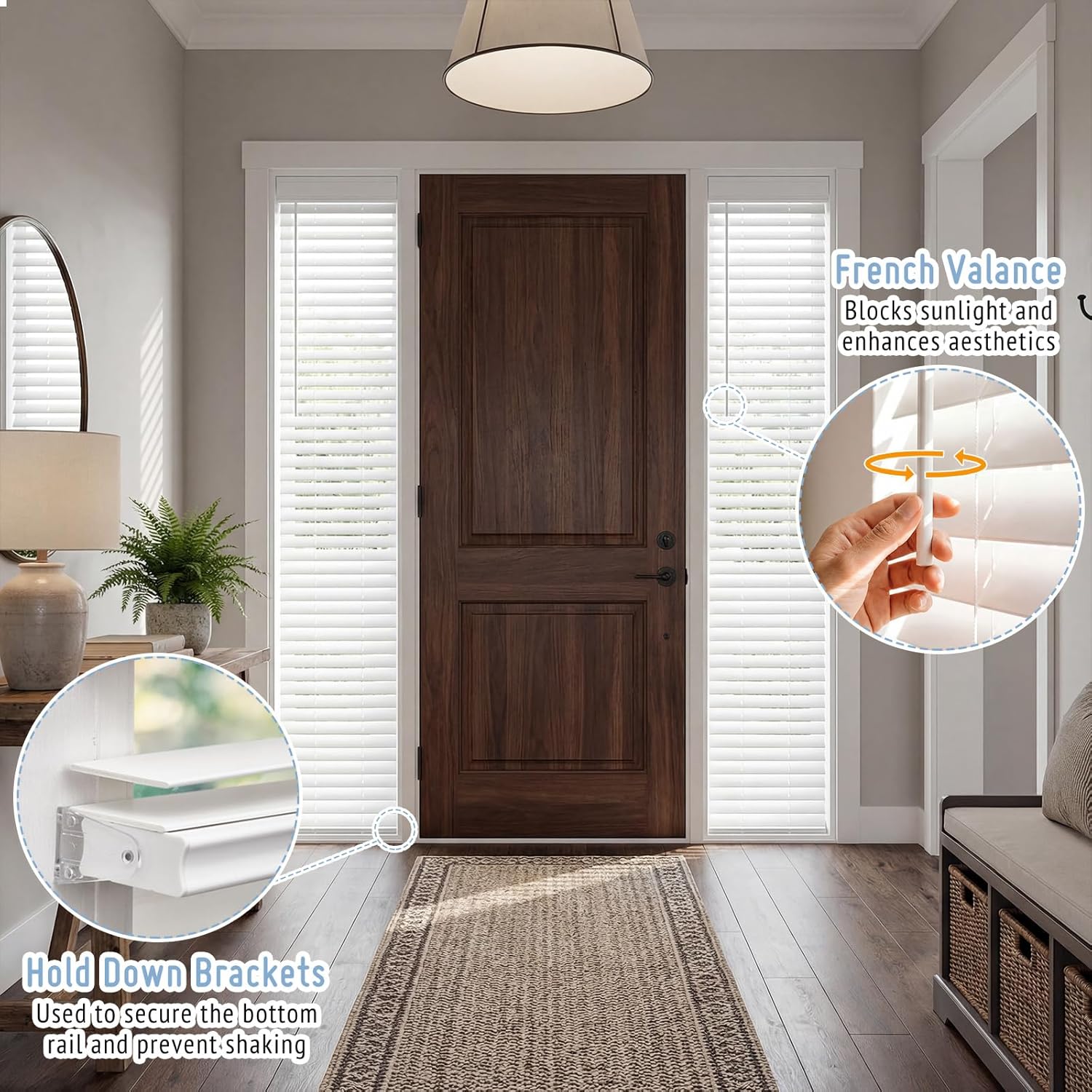 Keego Cordless 2" Faux Wood Sidelight Single Blinds for Doors, Trim at Home PVC Horizontal Window Blind, White (10" W x 72" H)