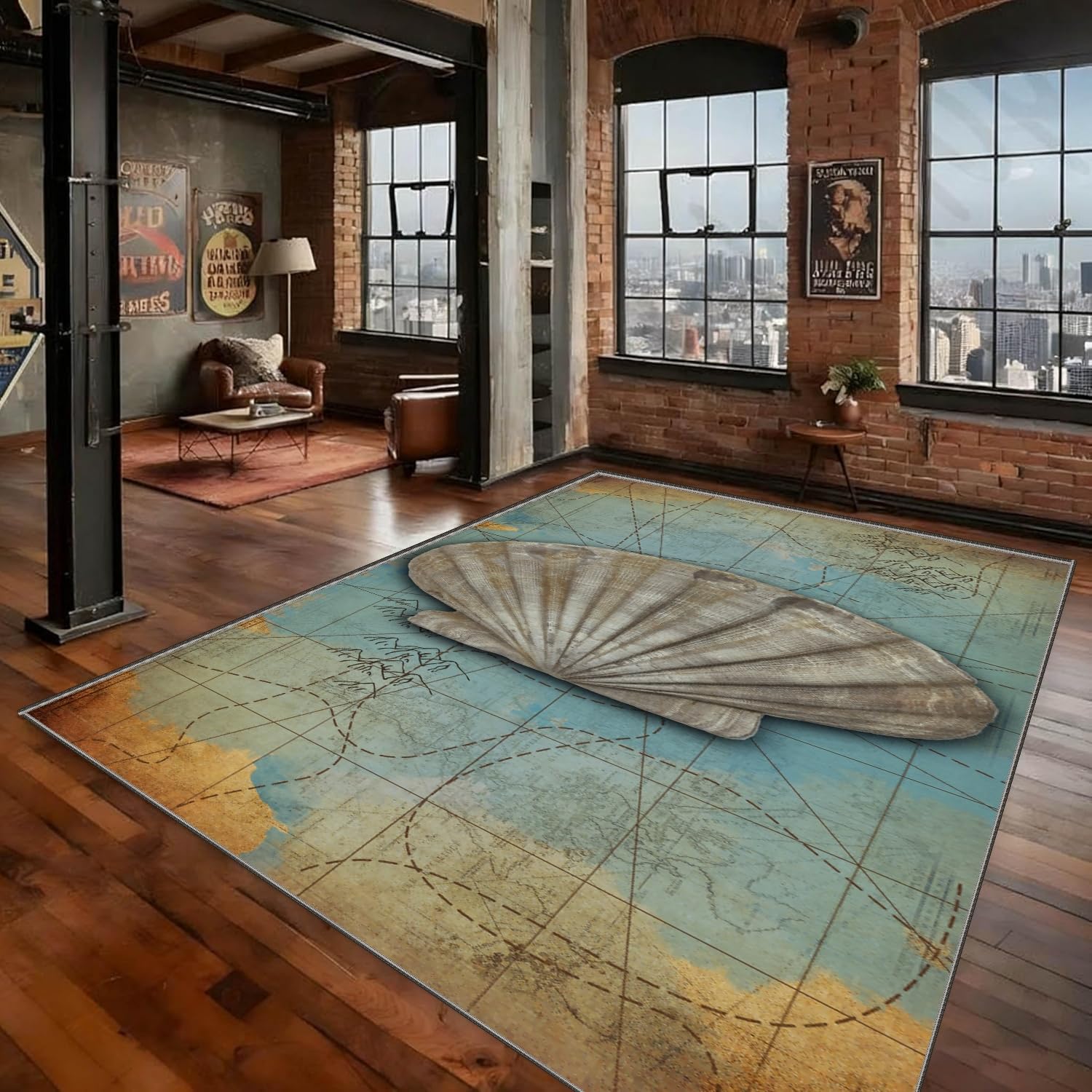 PDENZG Beach Theme Shell Area Rug,180x230cm,Vintage Nautical Map Rug,Nautical Theme Ocean Area Rugs,Soft Non-Slipwashable Coastal Room Decor Ocean Carpet, for Living Room Bedroom Farmhouse Mat