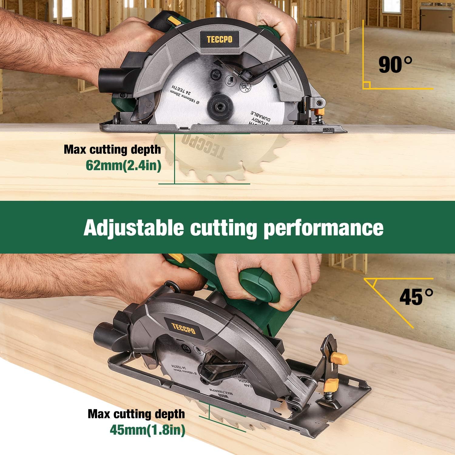 Circular saw demonstrating 90 degree and 45 degree cutting depths