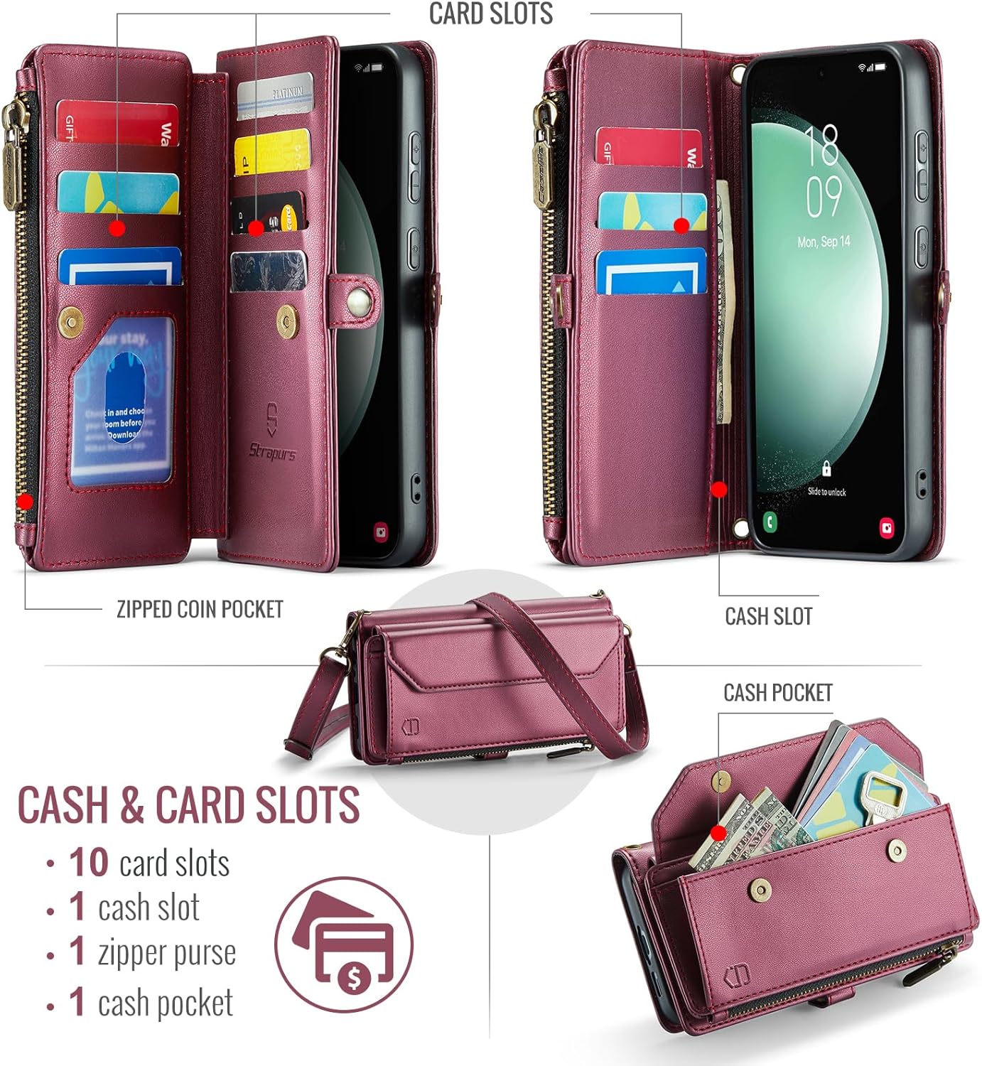 Strapurs Crossbody Wallet Case Compatible with Samsung Galaxy S23 FE 5G RFID Blocking 10-Card Holder Soft PU Leather Magnetic Snap Strap Zipper Pocket Phone Case Fit for Galaxy S23 FE 6.4" - Wine Red