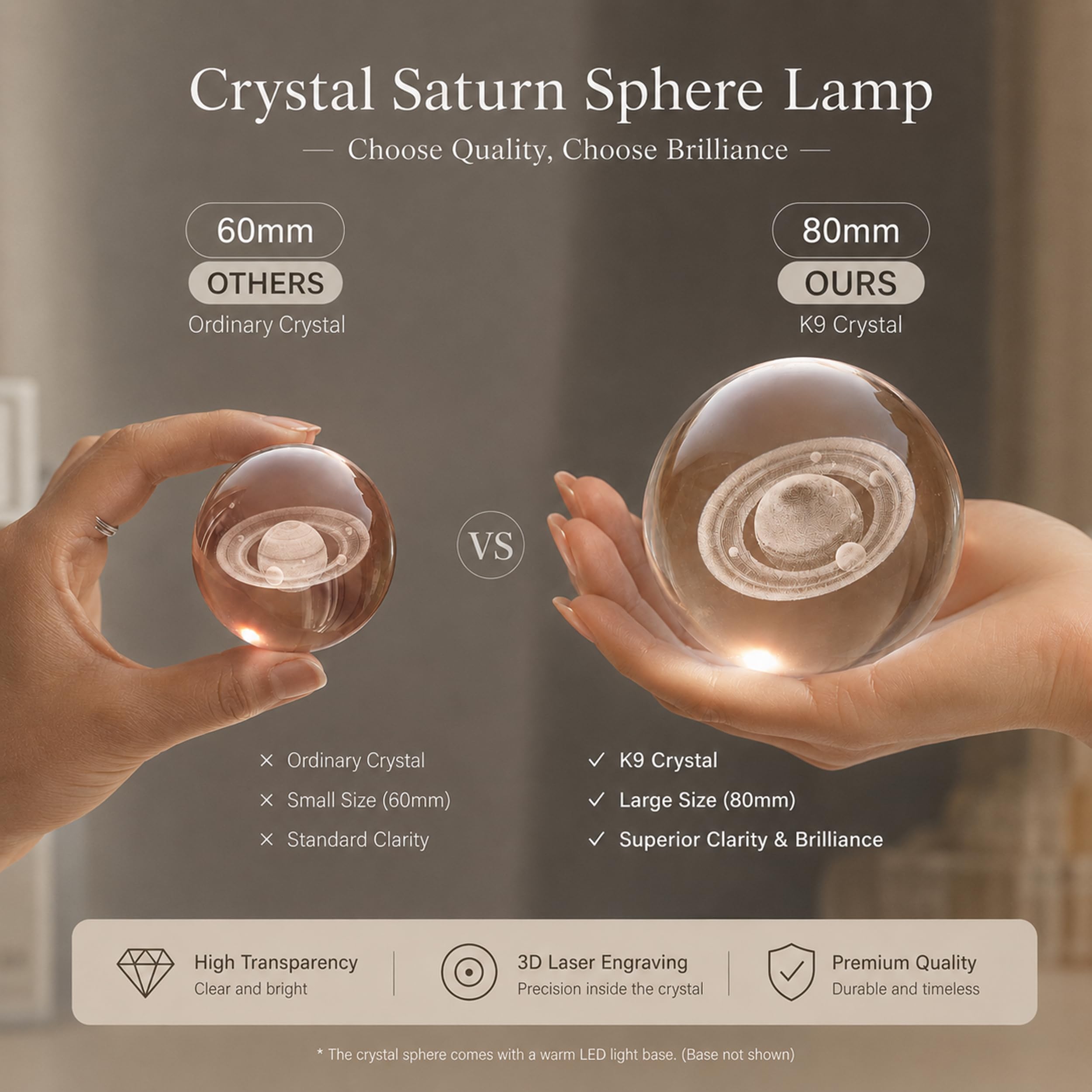 Lampada Sfera di Cristallo Saturno 3D (8cm) – Luce Notturna LED Multicolor con Base in Legno Massello e Batteria Ricaricabile USB, Sfera in Vetro K9 per Decorazioni Casa, Camera e Regalo Astronomia