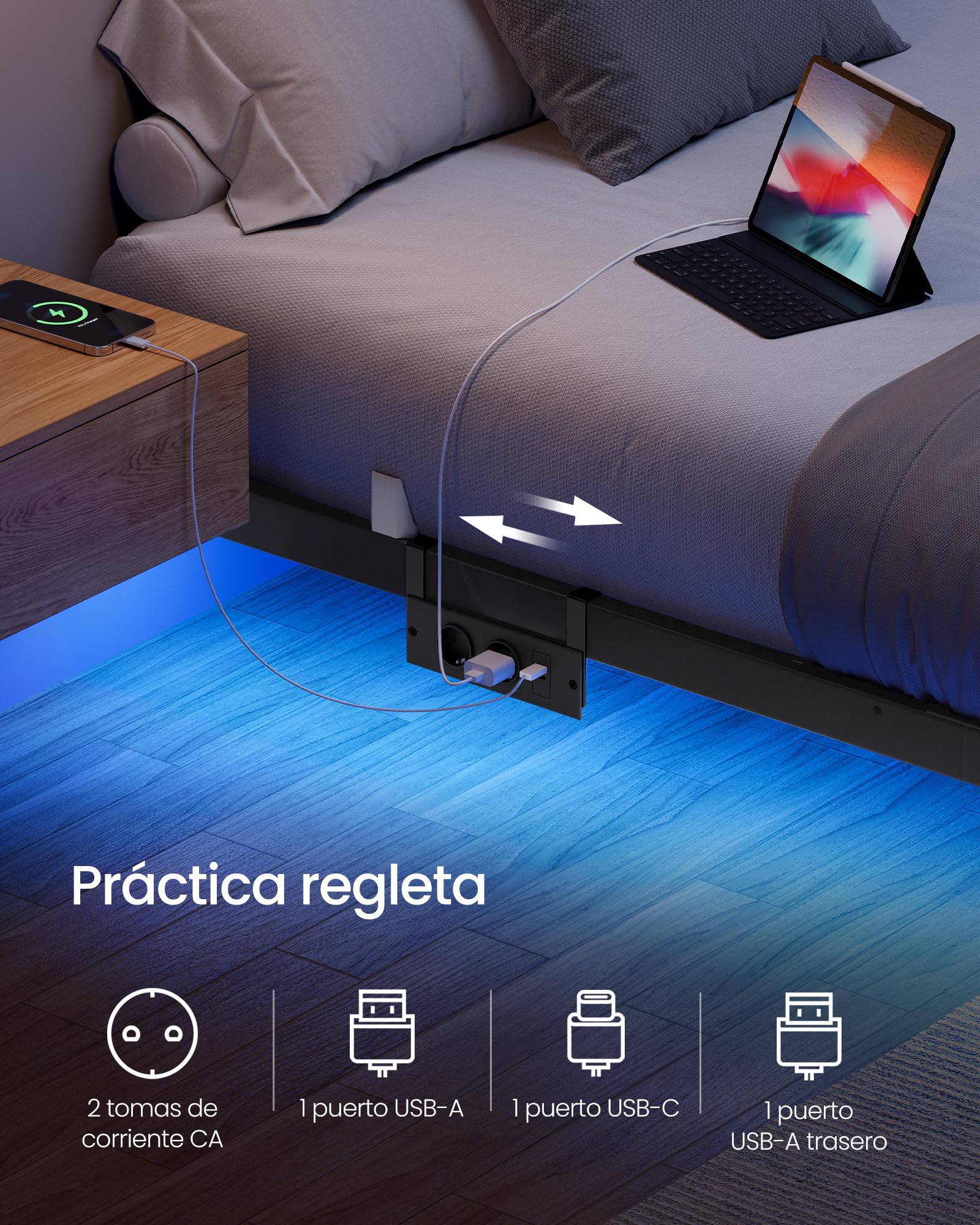 VASAGLE Marco de Cama 90 x 190 cm, Luces LED, Estación de Carga Extraíble, 2 Tomas CA, 1 Puerto USB-C, 1 Puerto USB-A, 1 en Posterior, Soporta hasta 250 kg, Negro Tinta RMB171B101