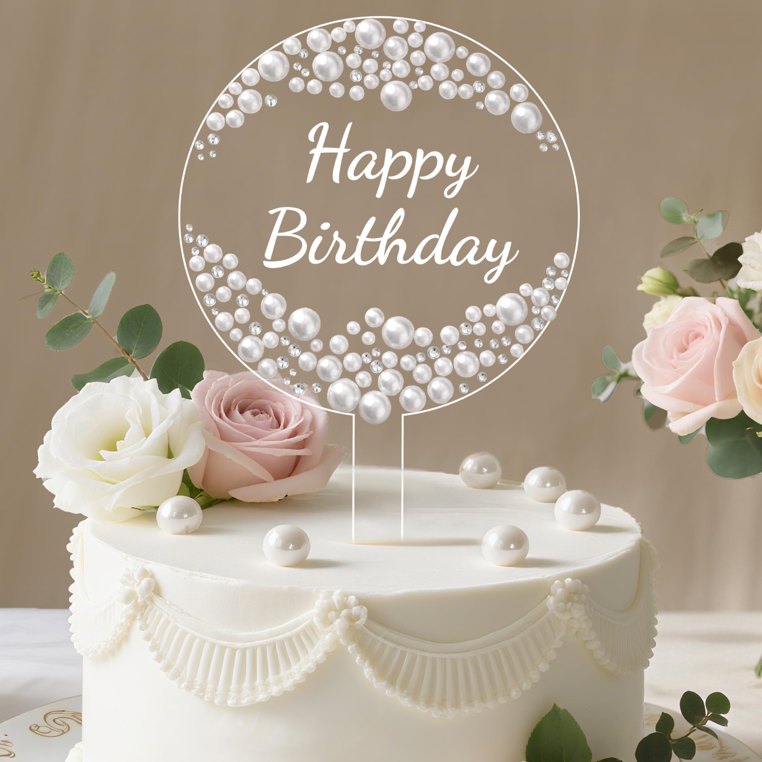 Litvana Birthday Cake Topper - Cake Decoration with Sparkling Rhinestones and Pearls for Party Supplies Round