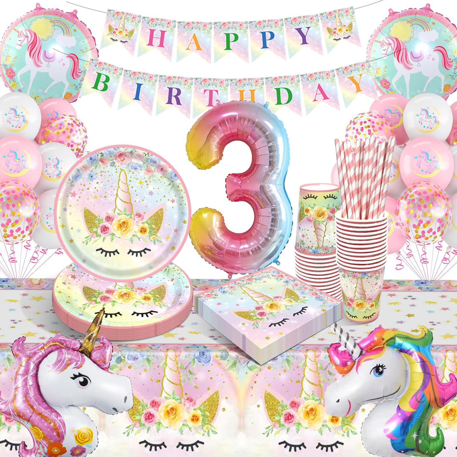 Kit Décoration Anniversaire Licorne 101 Pièces - Vaisselle, Ballons, Bannière Pour 10 Invités | Thème Violet