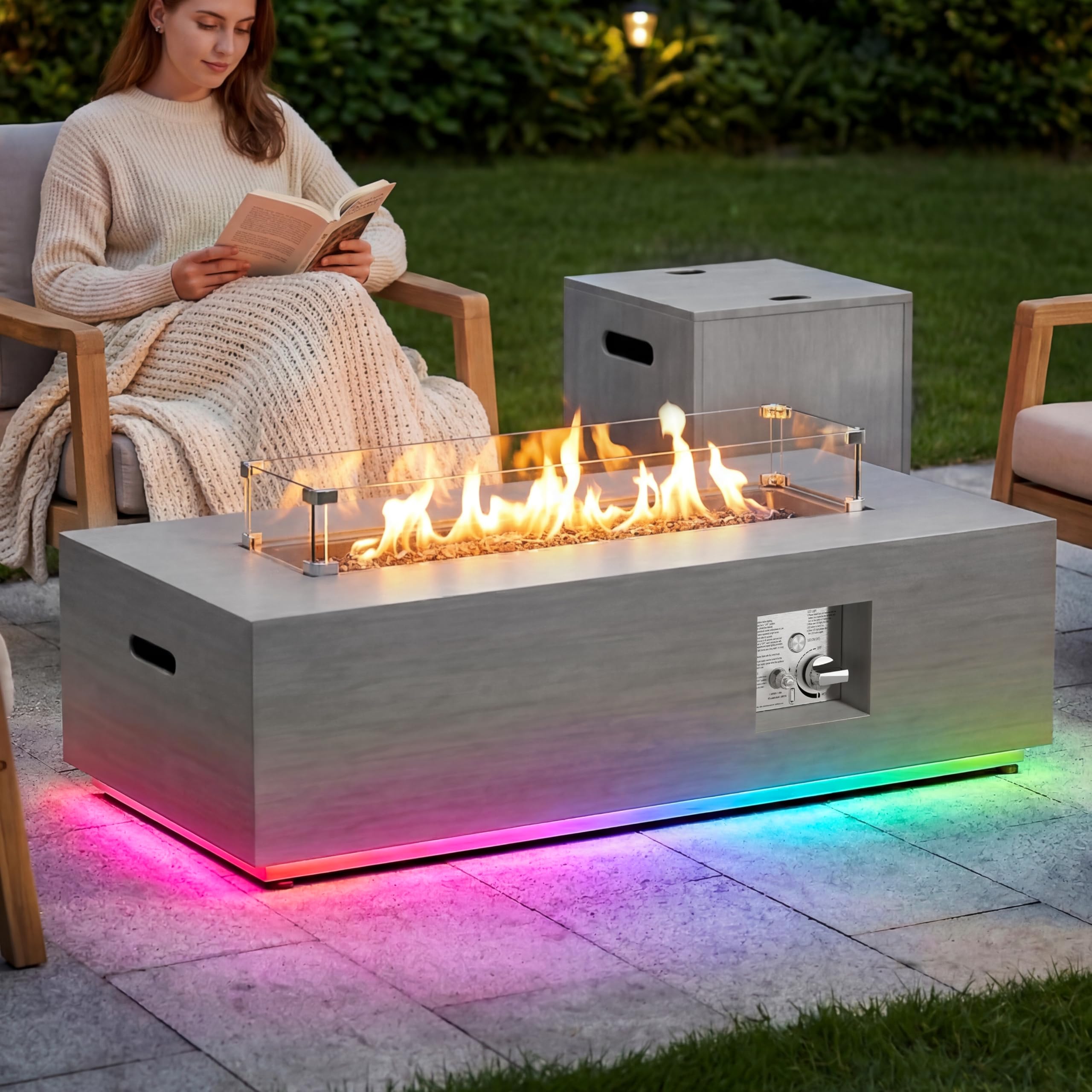 42" Rectangular Outdoor Propane Fire Pit Table with LED for Outside Patio