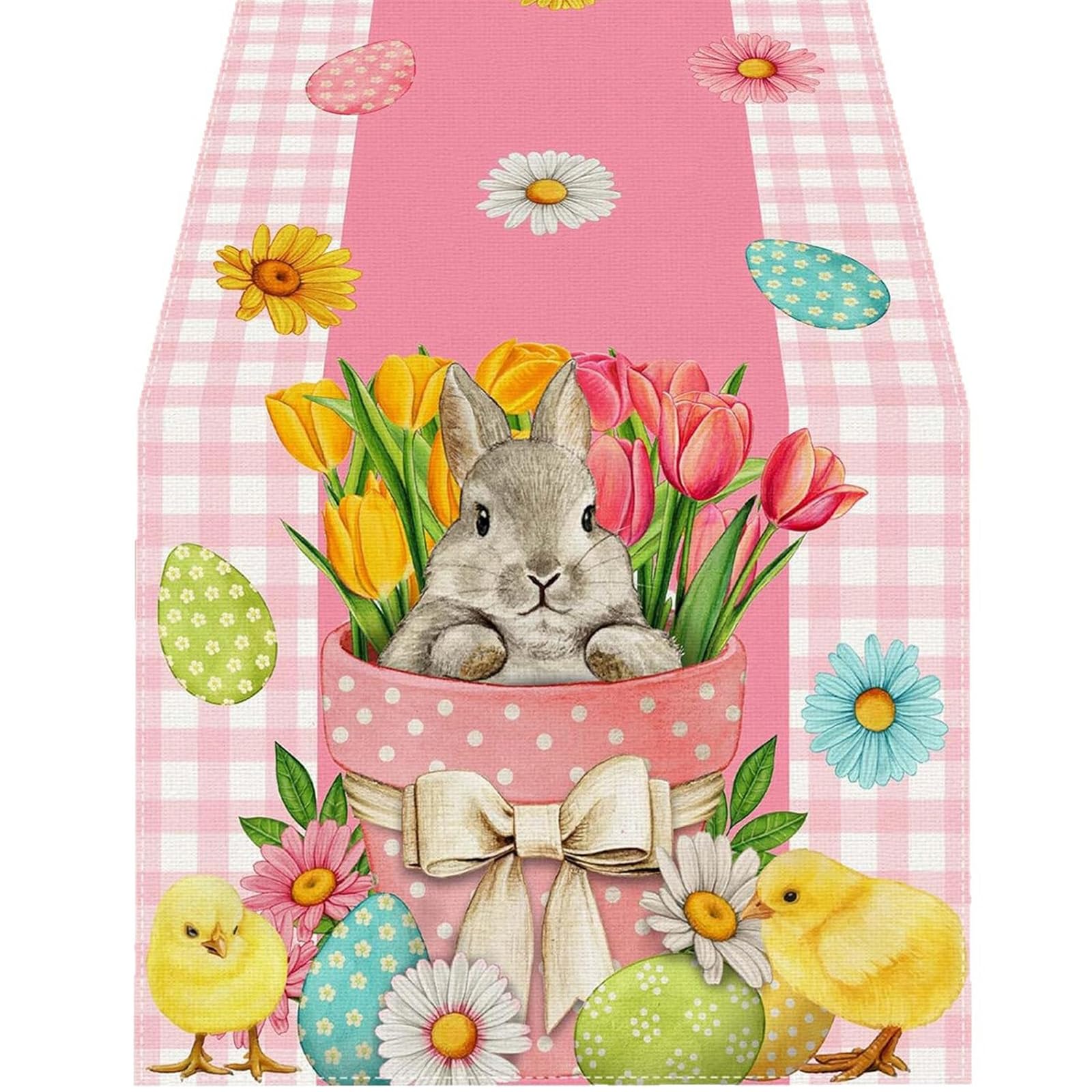 Nucelit Easter Table Runner with Colorful Bunnies Eggs Pattern Washable for Spring Decor Holiday Season Tabletop Decors