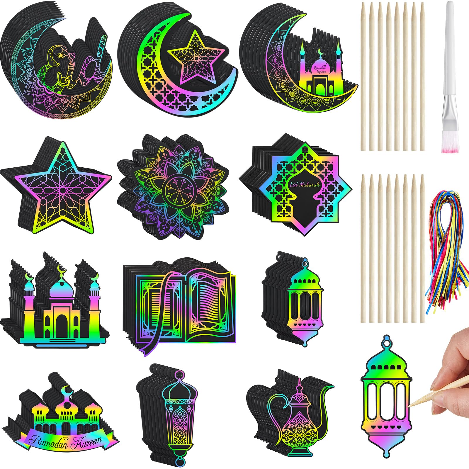 Hollowfly 96 Pcs Ramadan Scratch Paper Kit Eid Mubarak Paper Scratch Off Card Eid Crafts Ramadan DIY Rainbow Hanging Ornament Craft for Ramadan Party Eid Mubarak Activity Drawing Supplies Decor